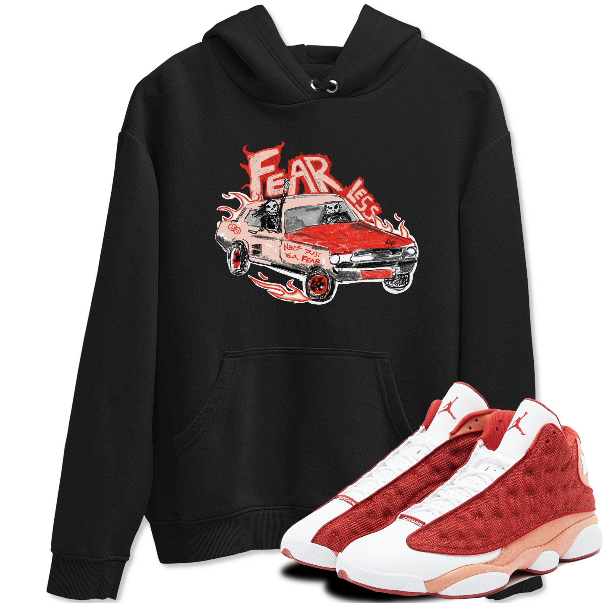 13s Dune Red shirts to match jordans Fearless Car sneaker match tees Air Jordan 13 Dune Red Drip Gear Zone streetwear brand Black 1 unisex cotton tee