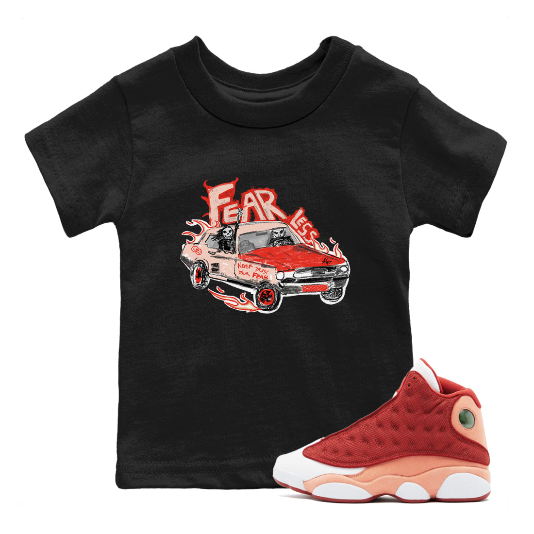 13s Dune Red shirts to match jordans Fearless Car sneaker match tees Air Jordan 13 Dune Red Drip Gear Zone streetwear brand Baby and Youth Black 1 cotton tee