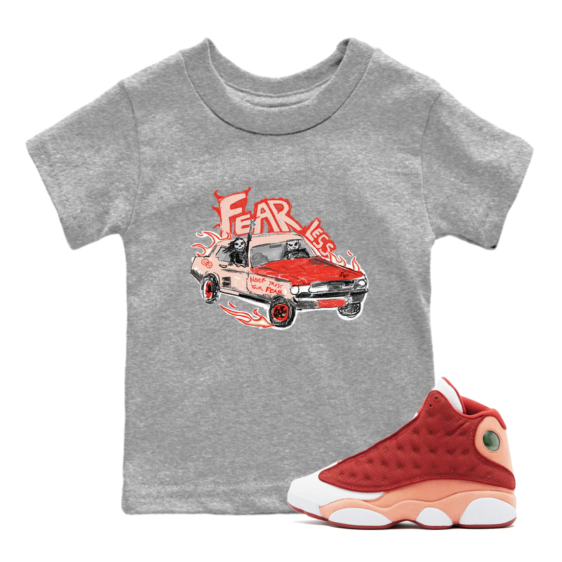 13s Dune Red shirts to match jordans Fearless Car sneaker match tees Air Jordan 13 Dune Red Drip Gear Zone streetwear brand Baby and Youth Heather Grey 1 cotton tee
