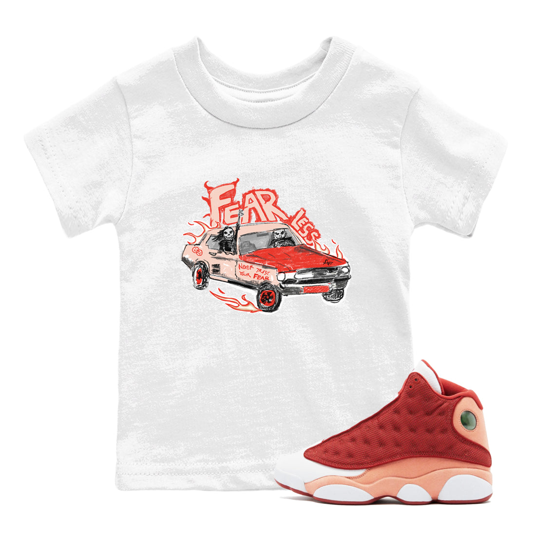 13s Dune Red shirts to match jordans Fearless Car sneaker match tees Air Jordan 13 Dune Red Drip Gear Zone streetwear brand Baby and Youth White 1 cotton tee