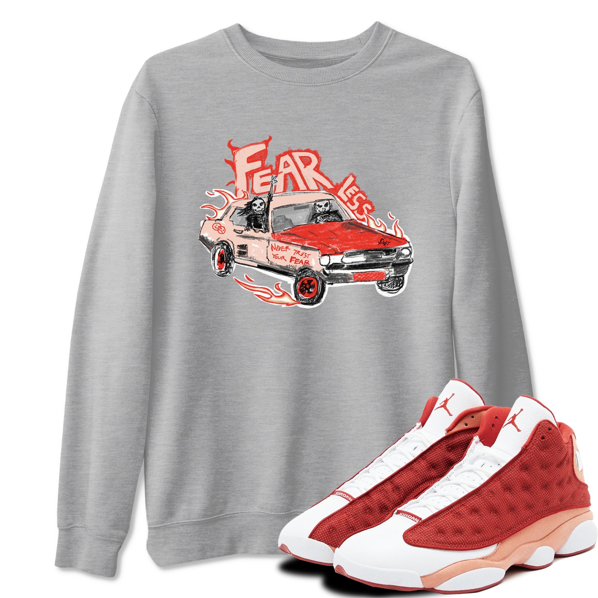 13s Dune Red shirts to match jordans Fearless Car sneaker match tees Air Jordan 13 Dune Red Drip Gear Zone streetwear brand Heather Grey 1 unisex cotton tee