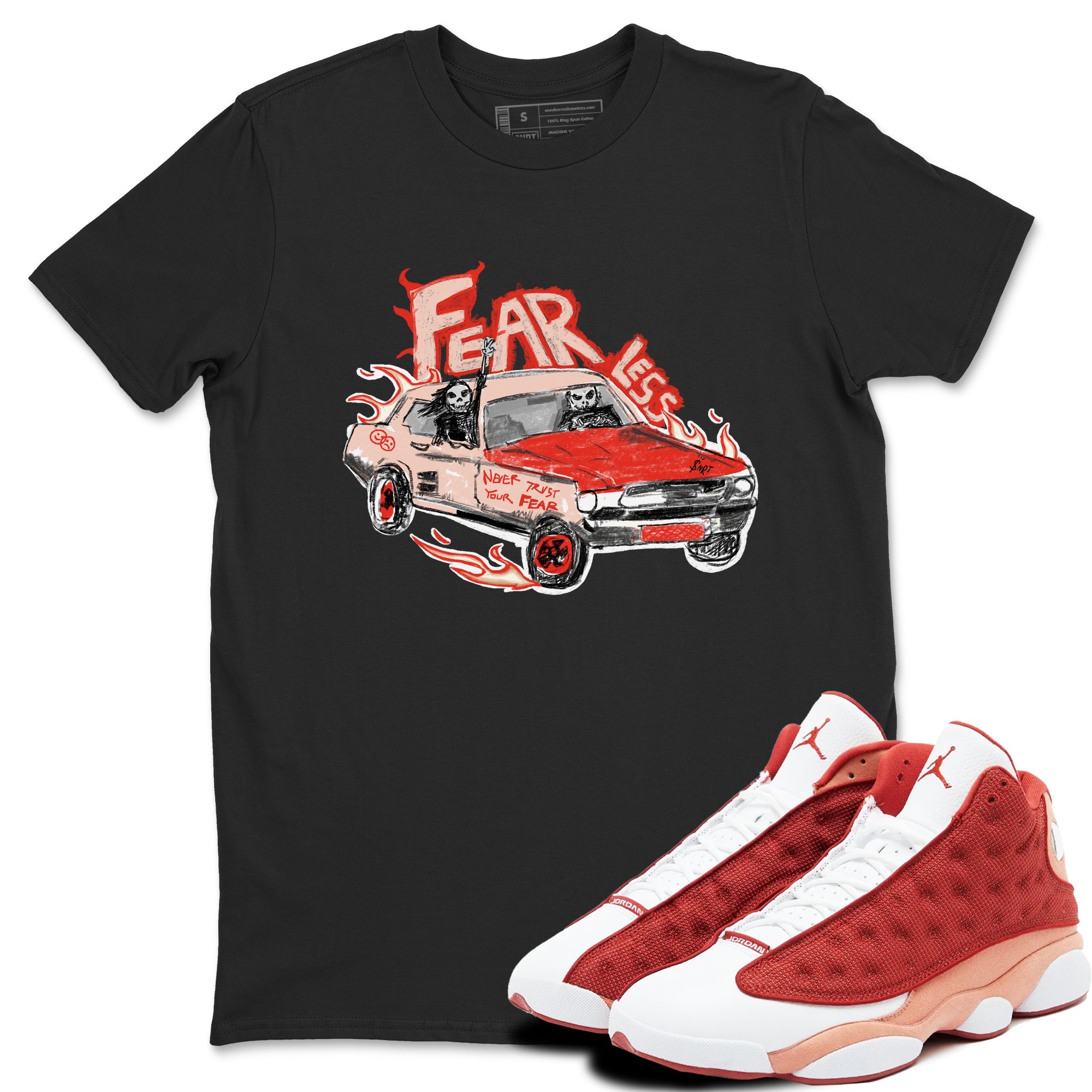 13s Dune Red shirts to match jordans Fearless Car sneaker match tees Air Jordan 13 Dune Red Drip Gear Zone streetwear brand Black 1 unisex cotton tee