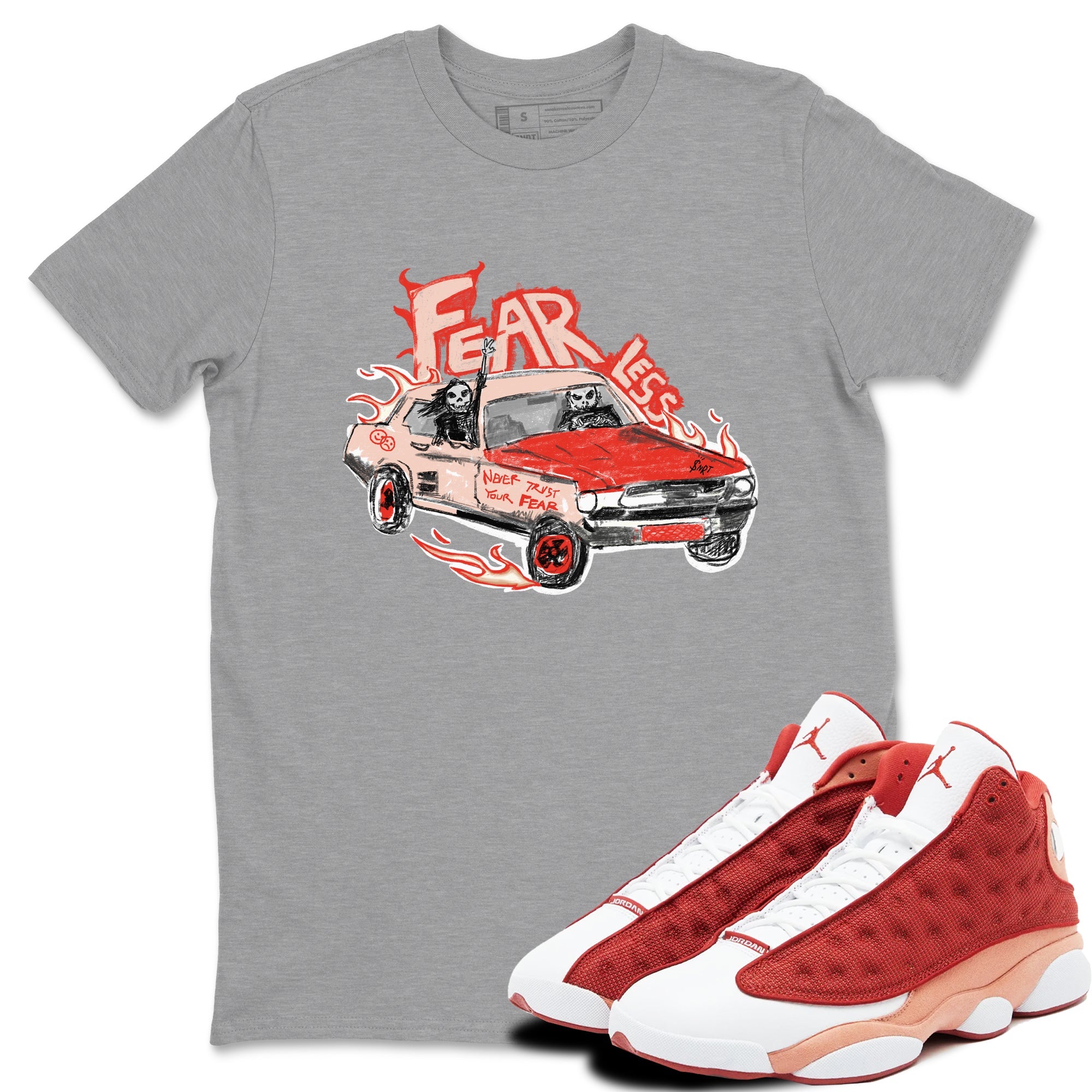 13s Dune Red shirts to match jordans Fearless Car sneaker match tees Air Jordan 13 Dune Red Drip Gear Zone streetwear brand Heather Grey 1 unisex cotton tee