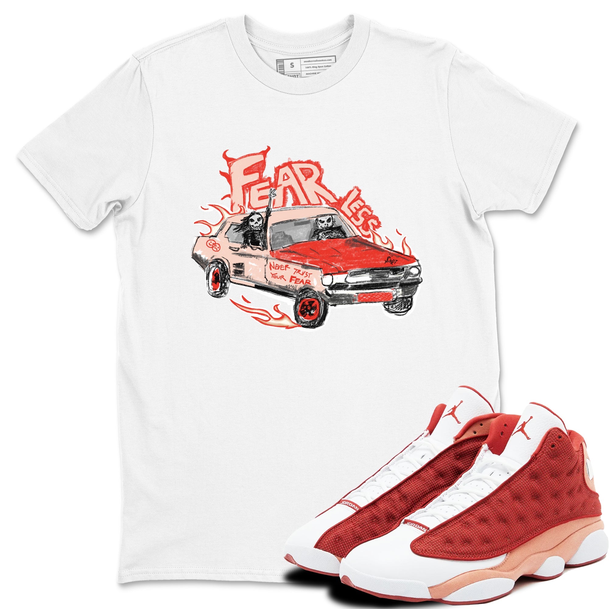 13s Dune Red shirts to match jordans Fearless Car sneaker match tees Air Jordan 13 Dune Red Drip Gear Zone streetwear brand White 1 unisex cotton tee