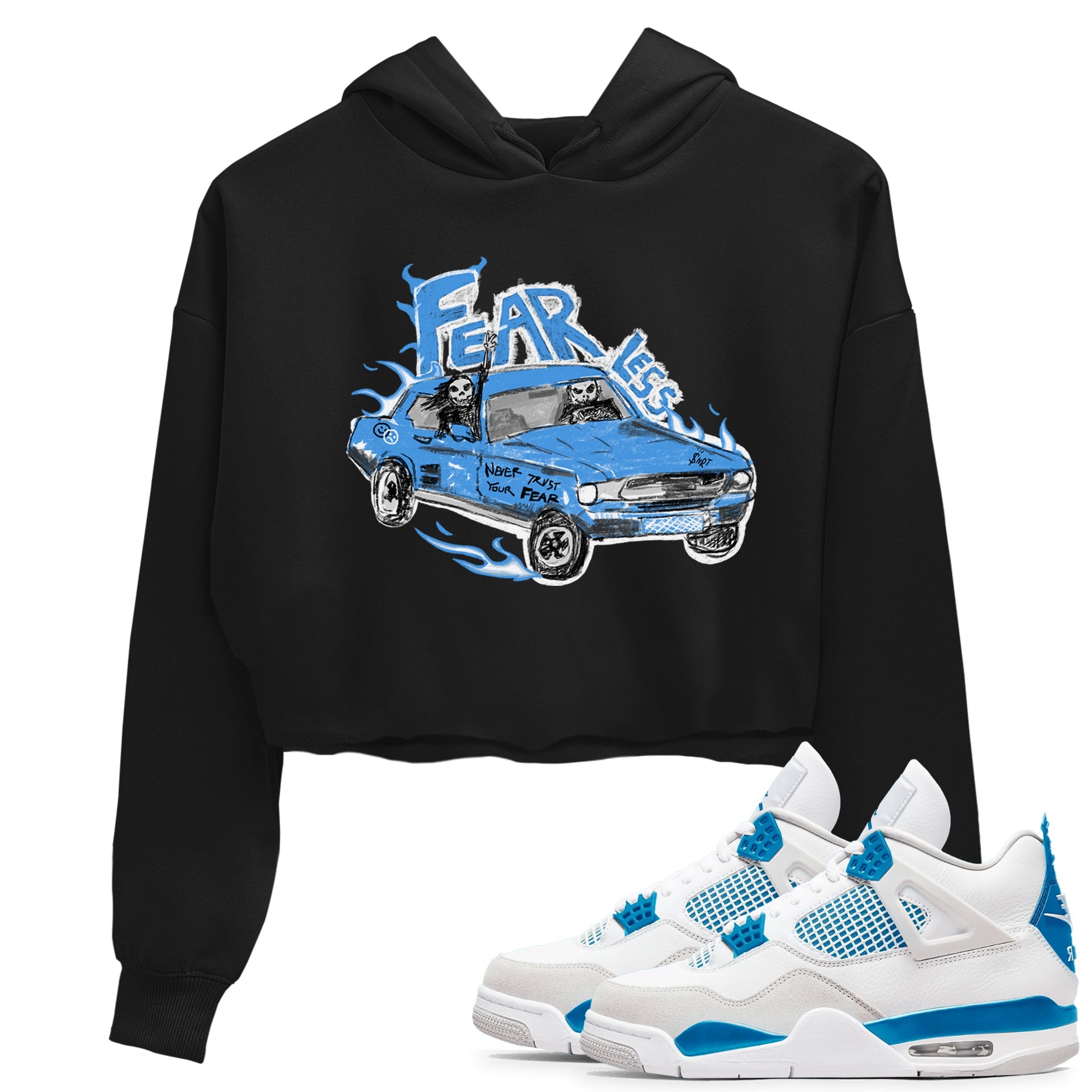 4s Military Blue shirt to match jordans Fearless Car sneaker tees Air Jordan 4 Military Blue Drip Gear Zone Black 1 crop length shirt