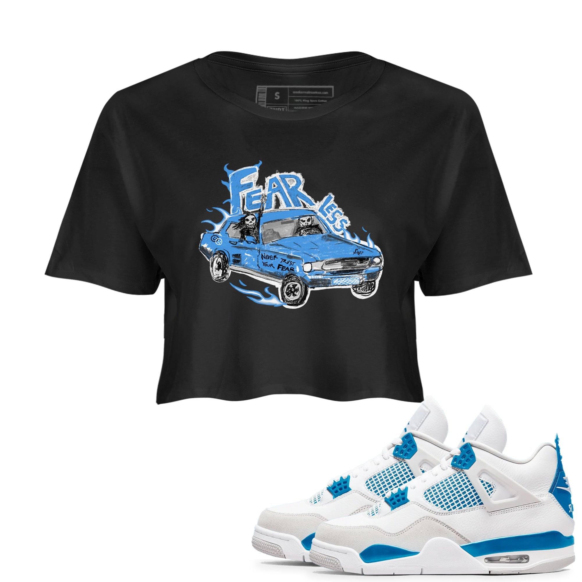 4s Military Blue shirt to match jordans Fearless Car sneaker tees Air Jordan 4 Military Blue Drip Gear Zone Black 1 crop length shirt