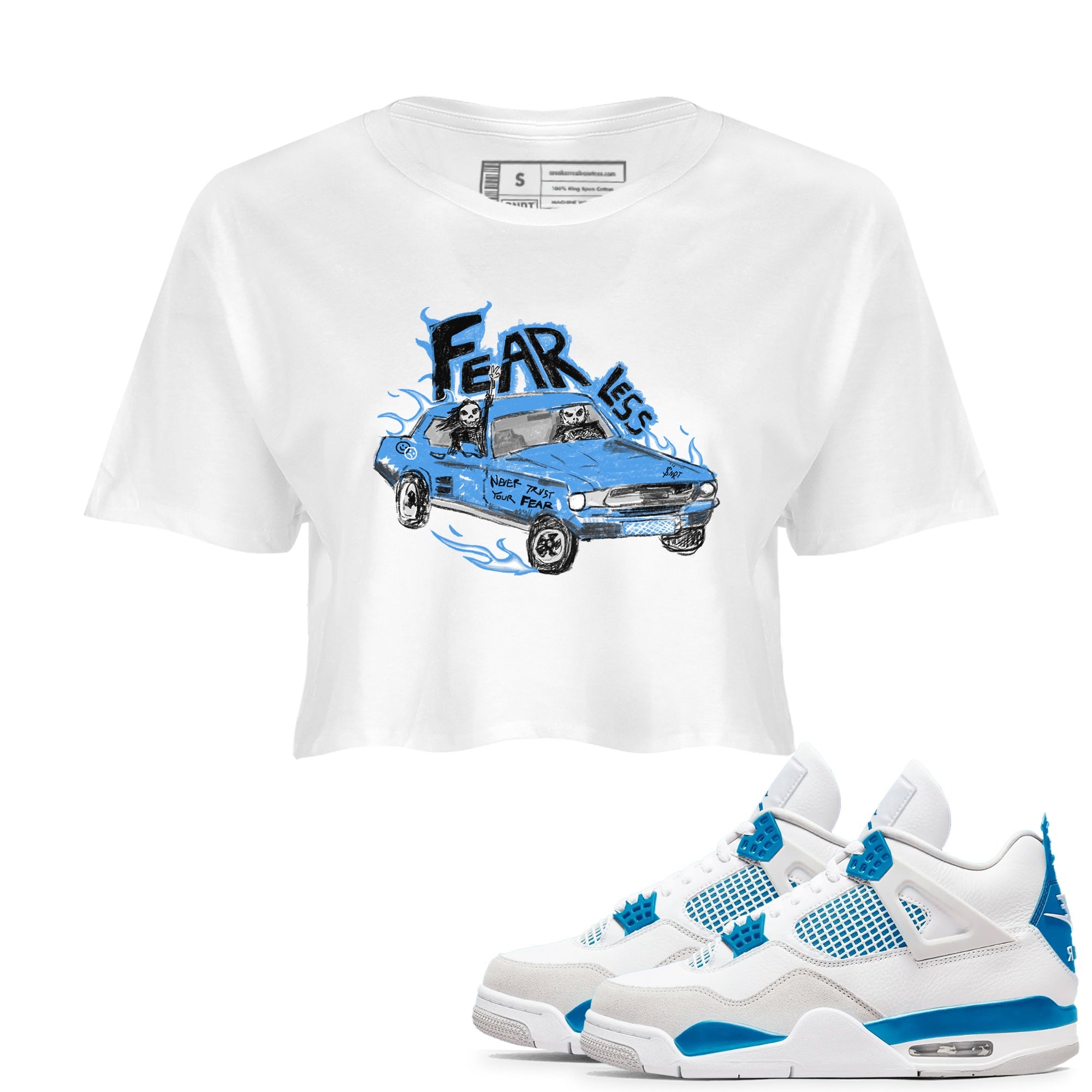 4s Military Blue shirt to match jordans Fearless Car sneaker tees Air Jordan 4 Military Blue Drip Gear Zone White 1 crop length shirt
