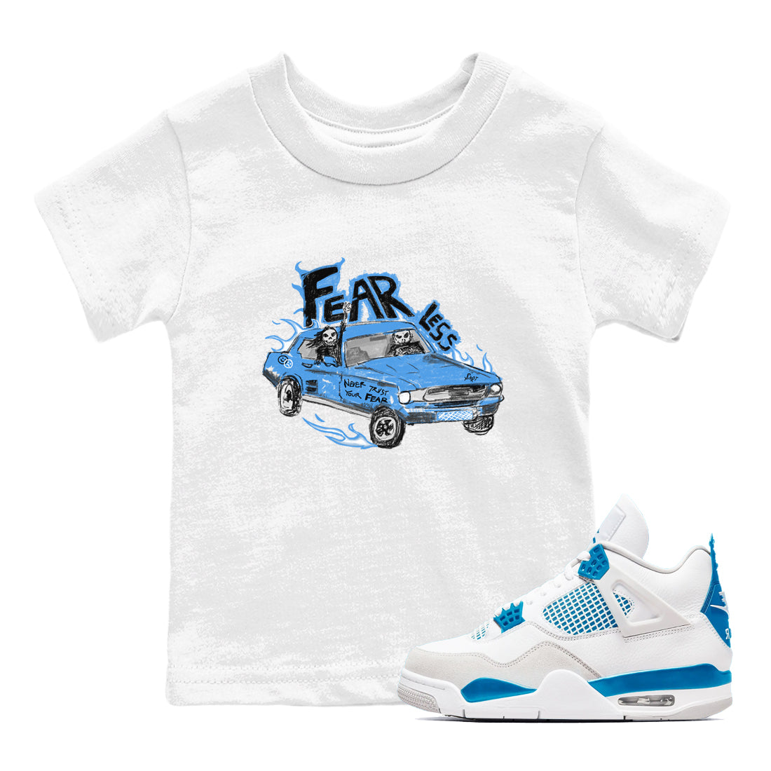 4s Military Blue shirt to match jordans Fearless Car sneaker tees Air Jordan 4 Military Blue Drip Gear Zone baby toddler White 1 cotton Shirt