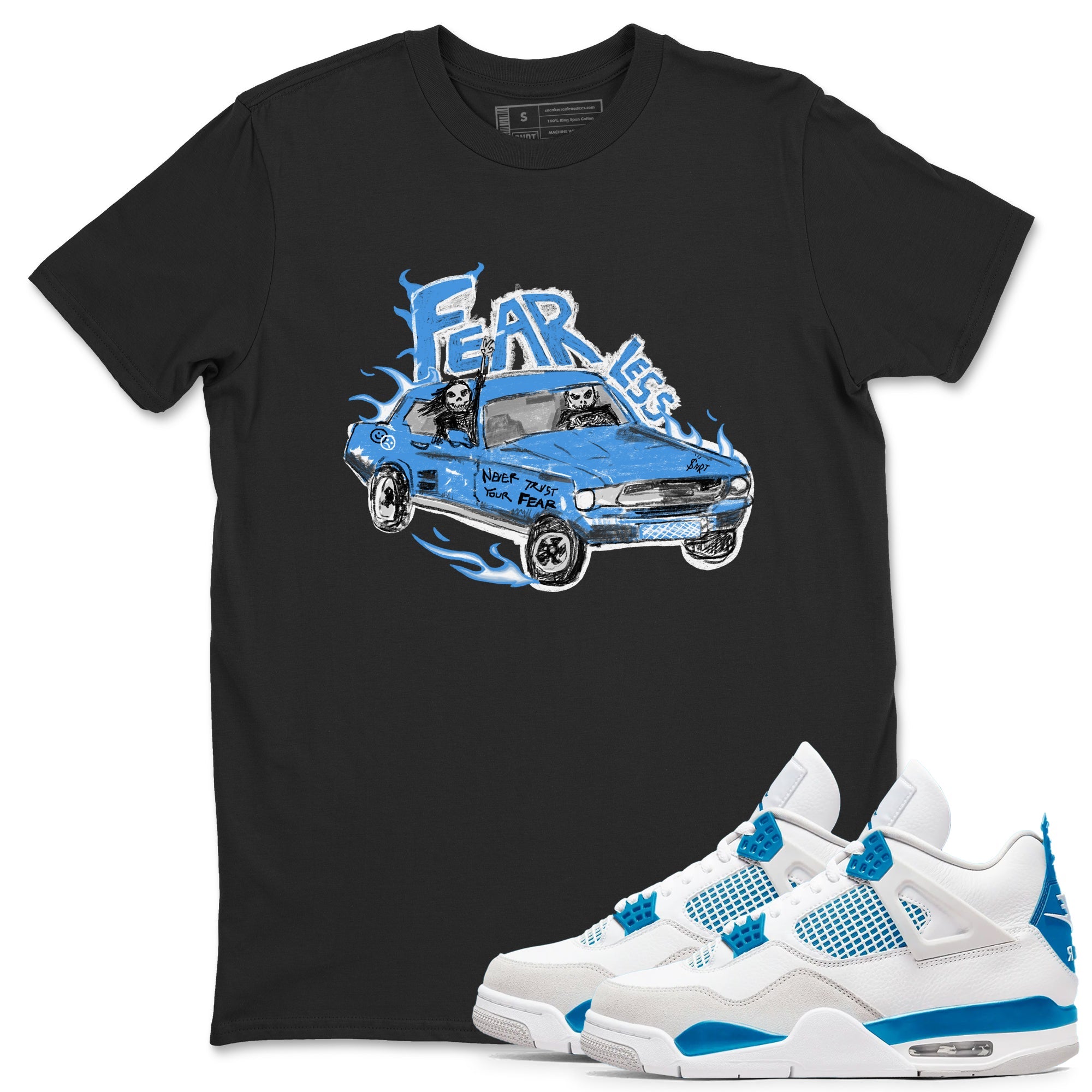 4s Military Blue shirt to match jordans Fearless Car sneaker tees Air Jordan 4 Military Blue Drip Gear Zone unisex cotton Black 1 crew neck shirt
