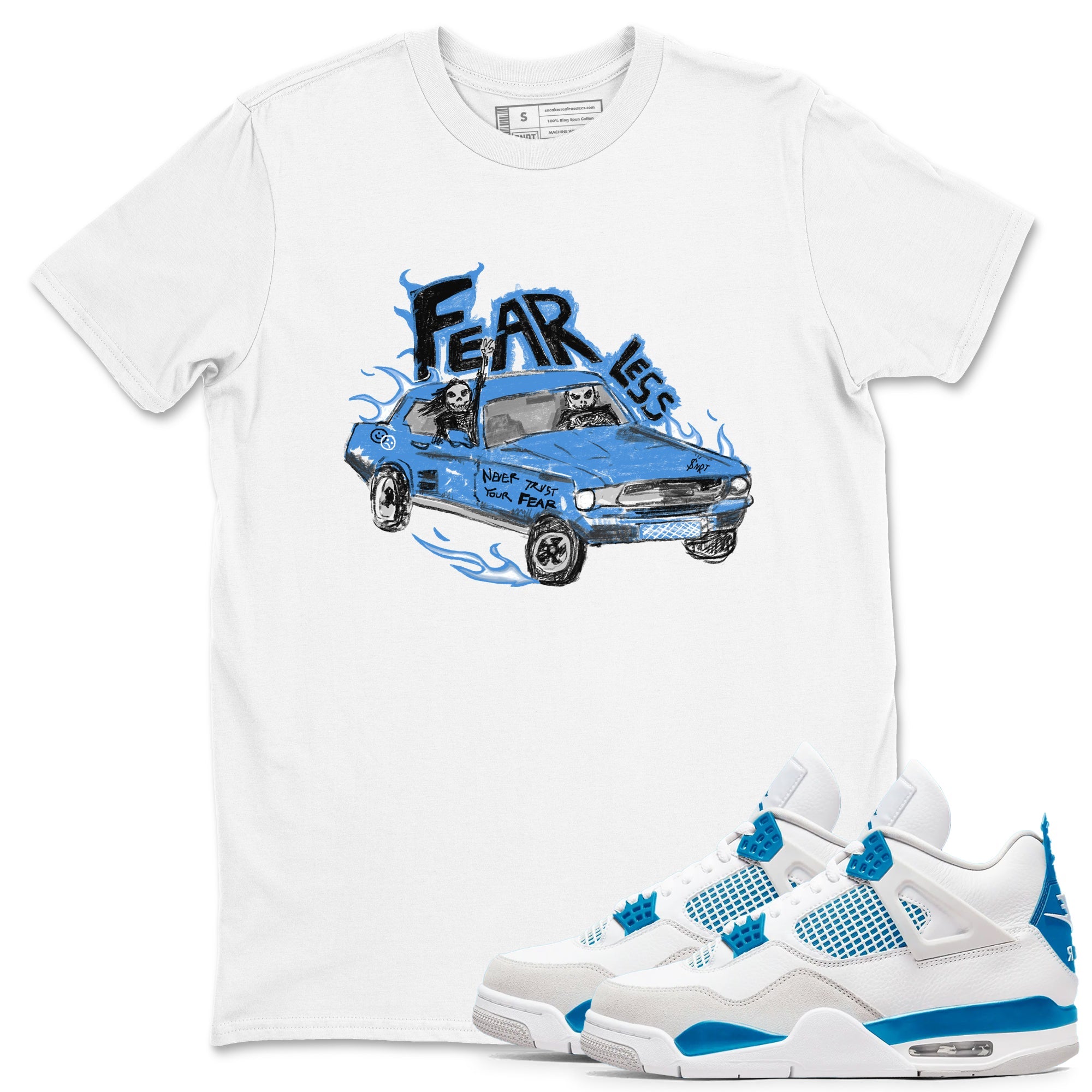4s Military Blue shirt to match jordans Fearless Car sneaker tees Air Jordan 4 Military Blue Drip Gear Zone unisex cotton White 1 crew neck shirt