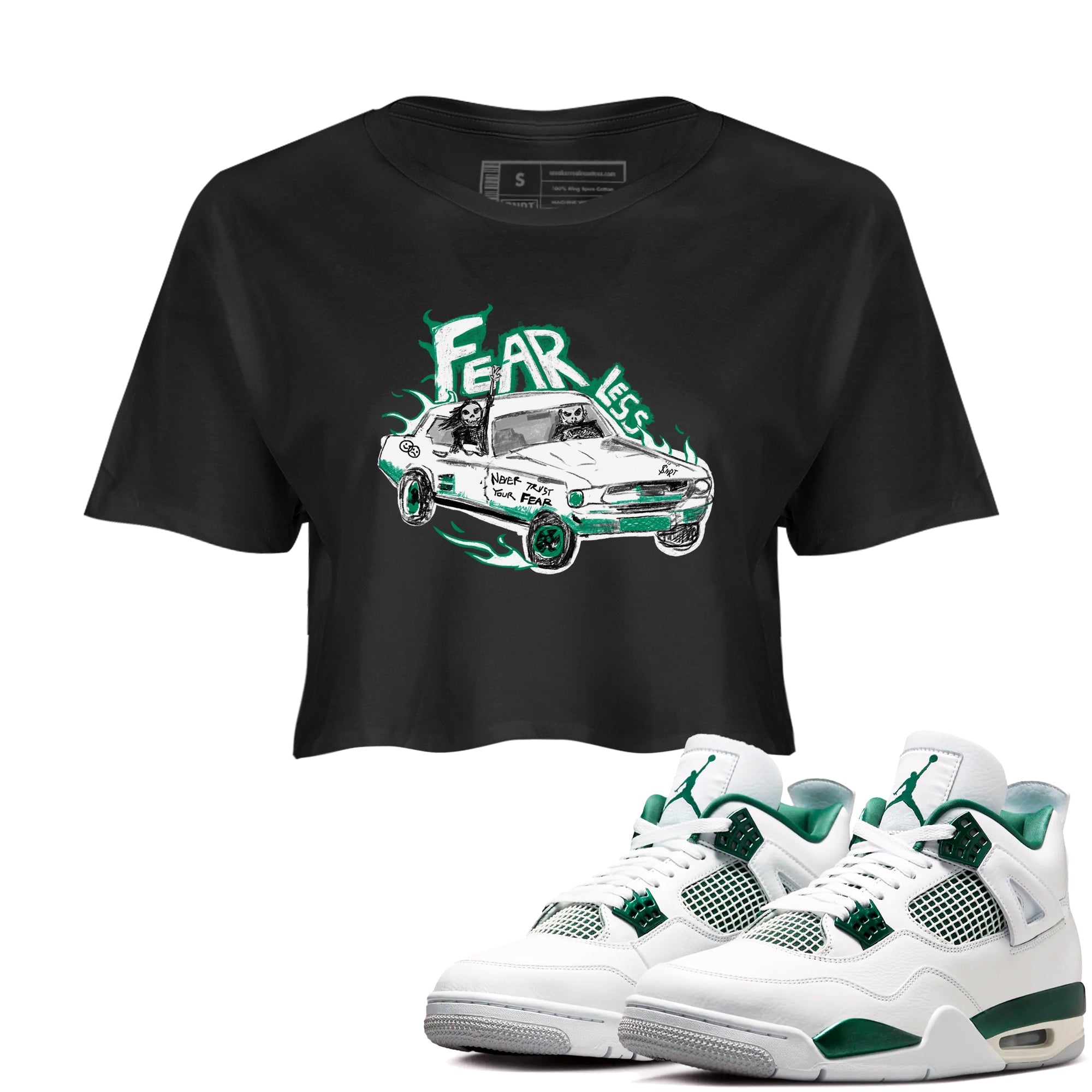 4s Oxidized Green shirts to match jordans Fearless Car sneaker match tees Air Jordan 4 Oxidized Green Drip Gear Zone streetwear brand Black 1 crop tee
