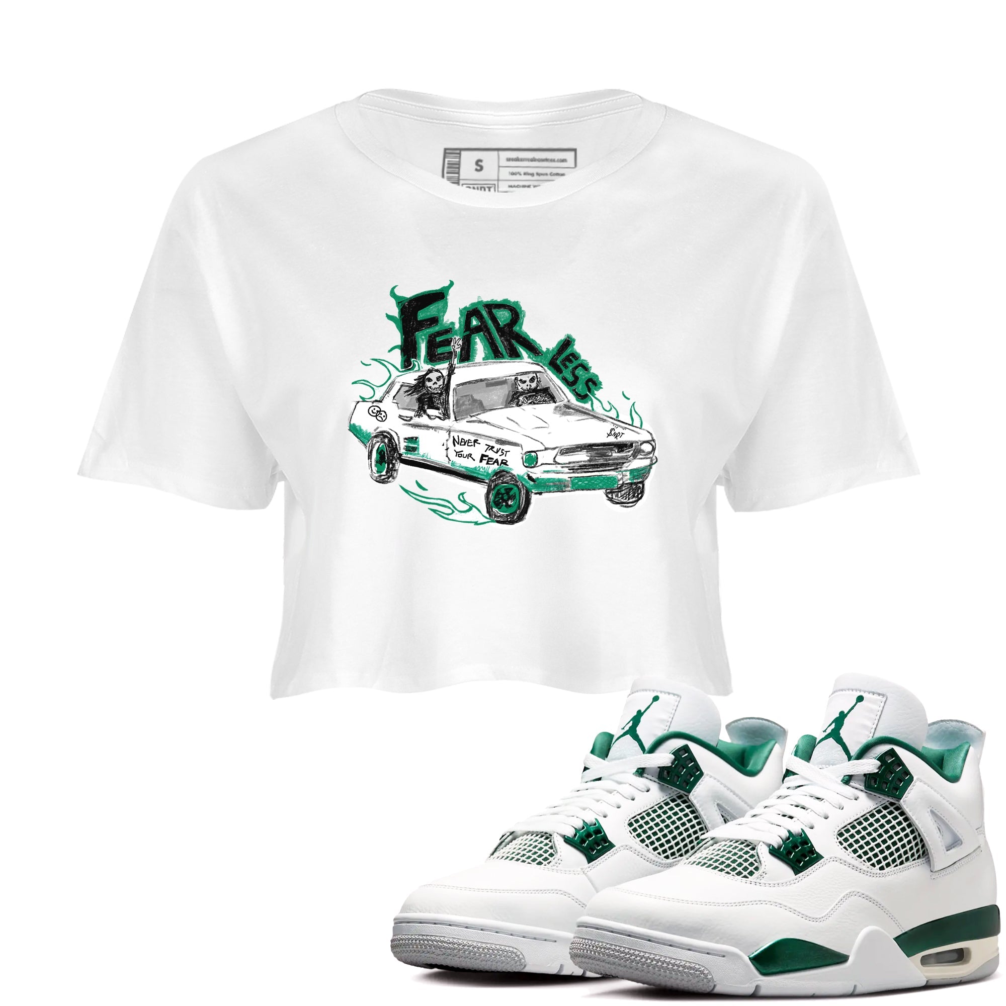 4s Oxidized Green shirts to match jordans Fearless Car sneaker match tees Air Jordan 4 Oxidized Green Drip Gear Zone streetwear brand White 1 crop tee