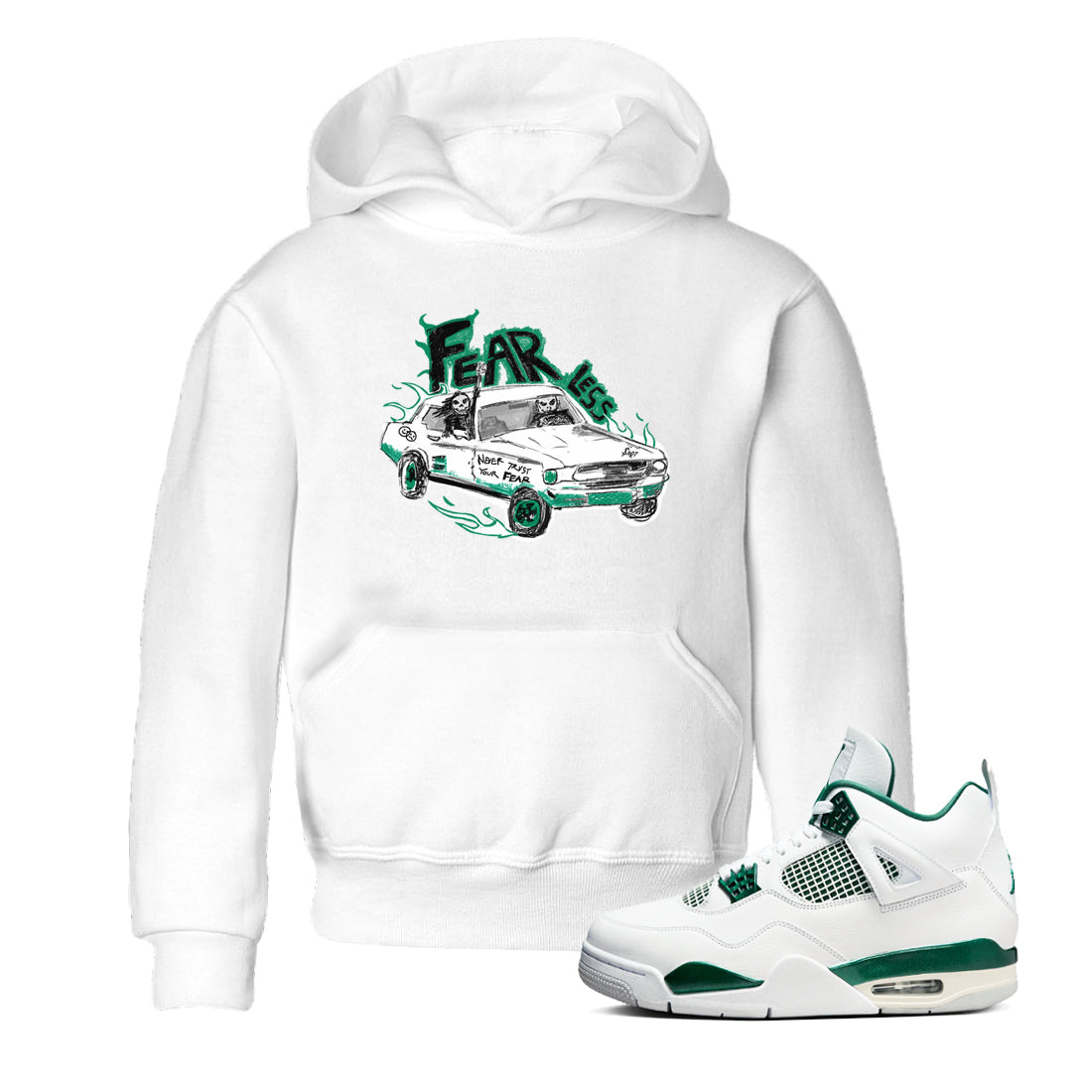 4s Oxidized Green shirts to match jordans Fearless Car sneaker match tees Air Jordan 4 Oxidized Green Drip Gear Zone streetwear brand Baby and Youth White 1 cotton tee