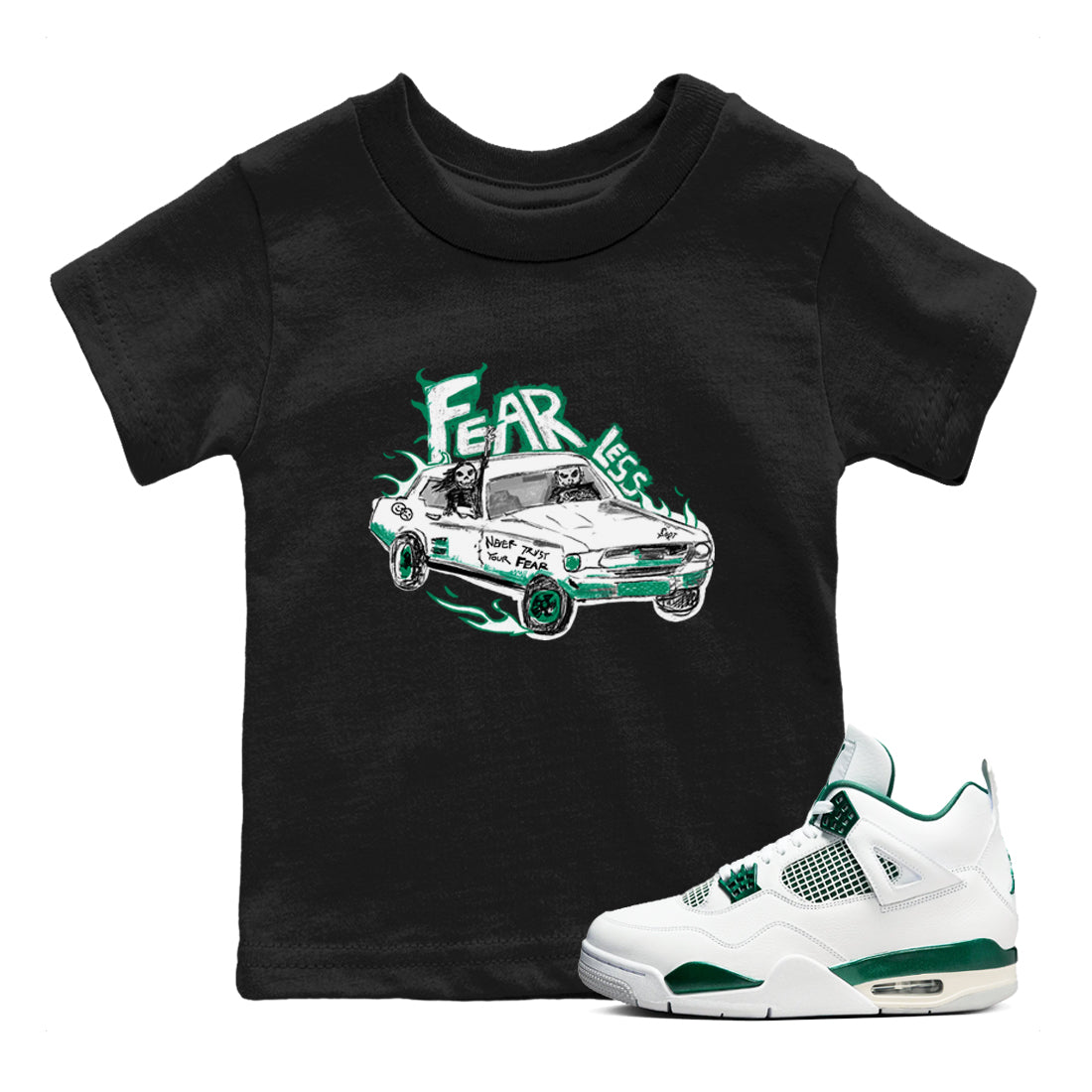4s Oxidized Green shirts to match jordans Fearless Car sneaker match tees Air Jordan 4 Oxidized Green Drip Gear Zone streetwear brand Baby and Youth Black 1 cotton tee
