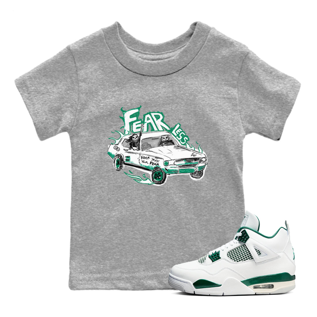 4s Oxidized Green shirts to match jordans Fearless Car sneaker match tees Air Jordan 4 Oxidized Green Drip Gear Zone streetwear brand Baby and Youth Heather Grey 1 cotton tee