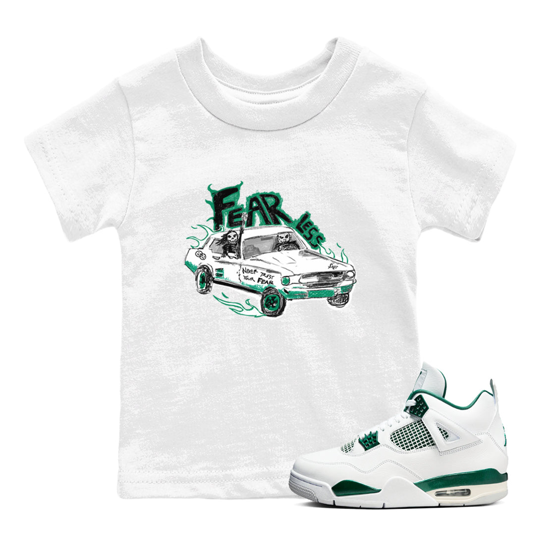 4s Oxidized Green shirts to match jordans Fearless Car sneaker match tees Air Jordan 4 Oxidized Green Drip Gear Zone streetwear brand Baby and Youth White 1 cotton tee