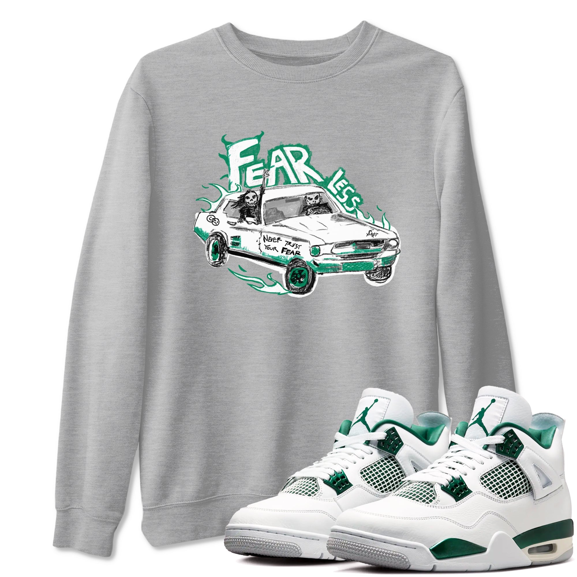 4s Oxidized Green shirts to match jordans Fearless Car sneaker match tees Air Jordan 4 Oxidized Green Drip Gear Zone streetwear brand Heather Grey 1 unisex cotton tee