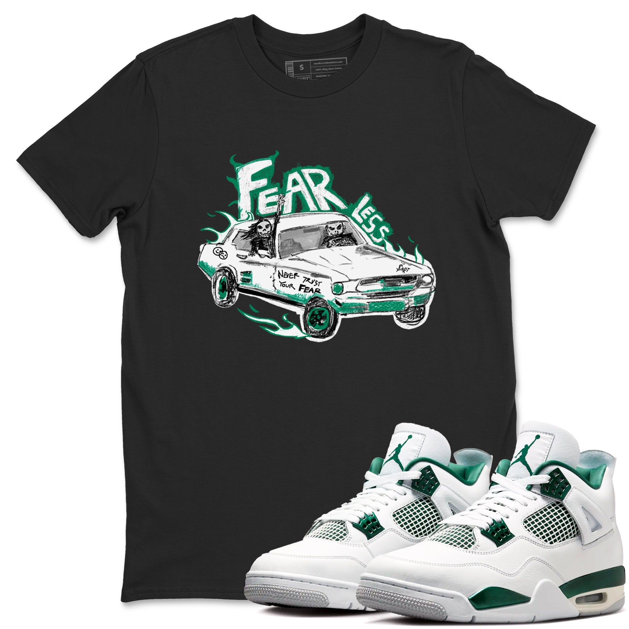 4s Oxidized Green shirts to match jordans Fearless Car sneaker match tees Air Jordan 4 Oxidized Green Drip Gear Zone streetwear brand Black 1 unisex cotton tee
