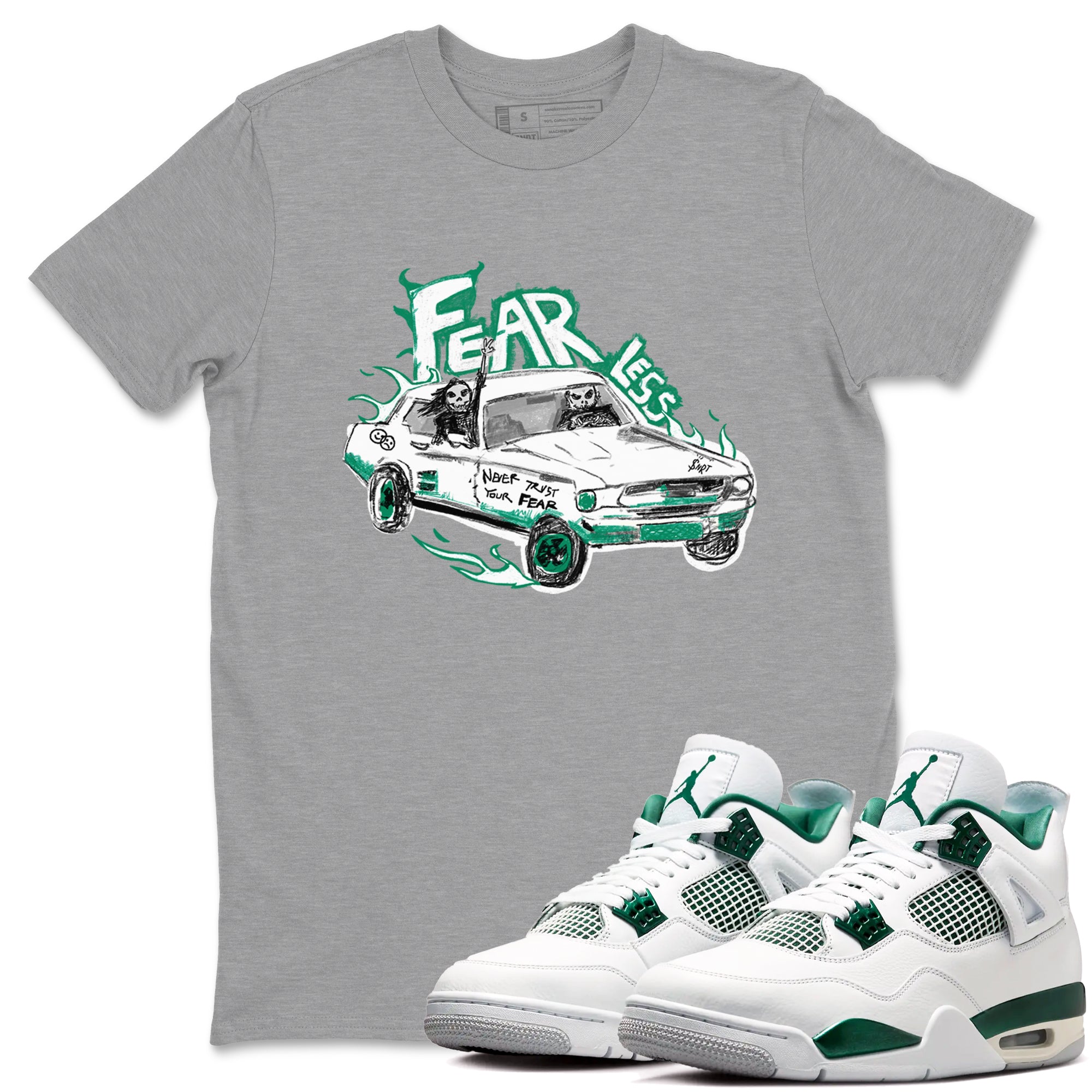 4s Oxidized Green shirts to match jordans Fearless Car sneaker match tees Air Jordan 4 Oxidized Green Drip Gear Zone streetwear brand Heather Grey 1 unisex cotton tee