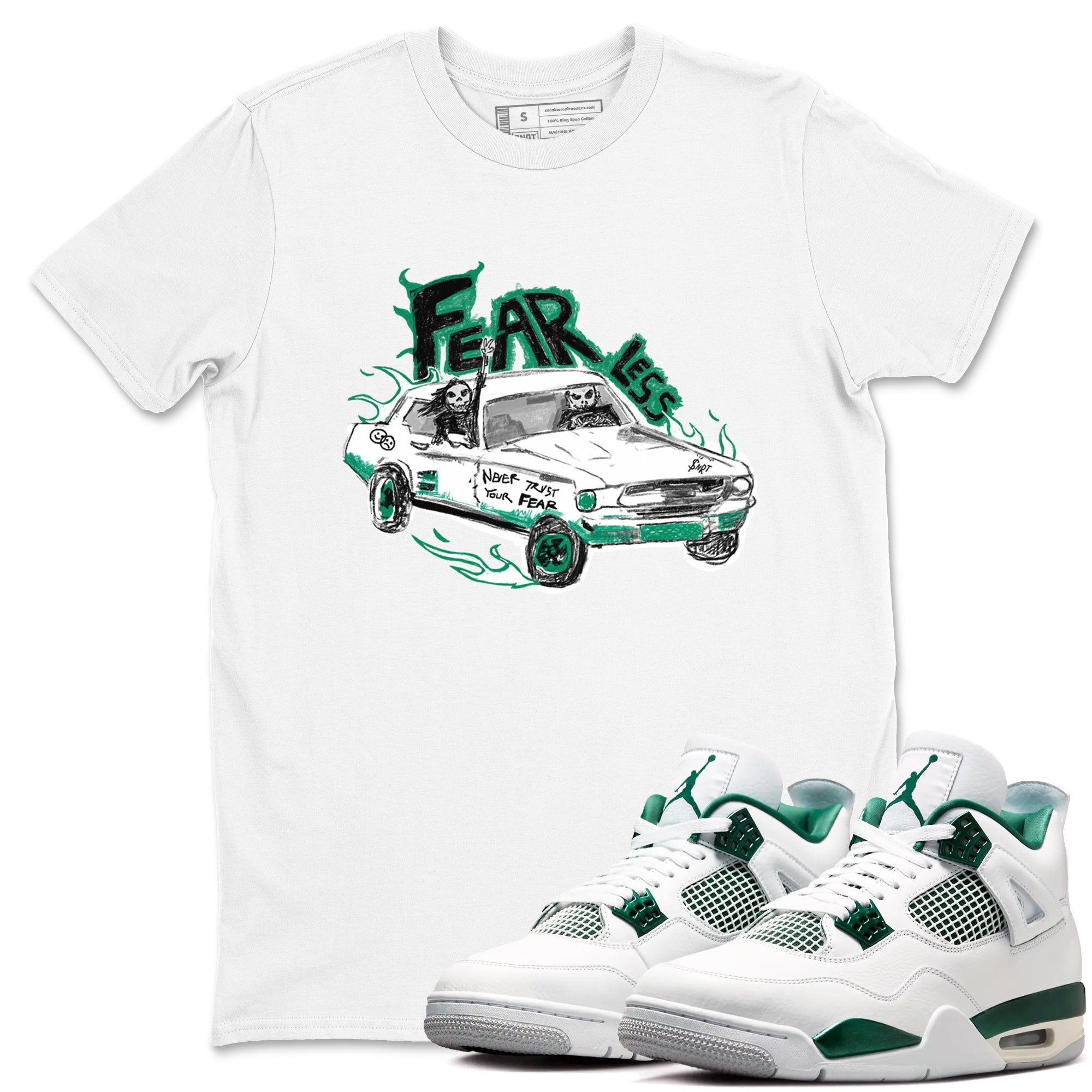 4s Oxidized Green shirts to match jordans Fearless Car sneaker match tees Air Jordan 4 Oxidized Green Drip Gear Zone streetwear brand White 1 unisex cotton tee