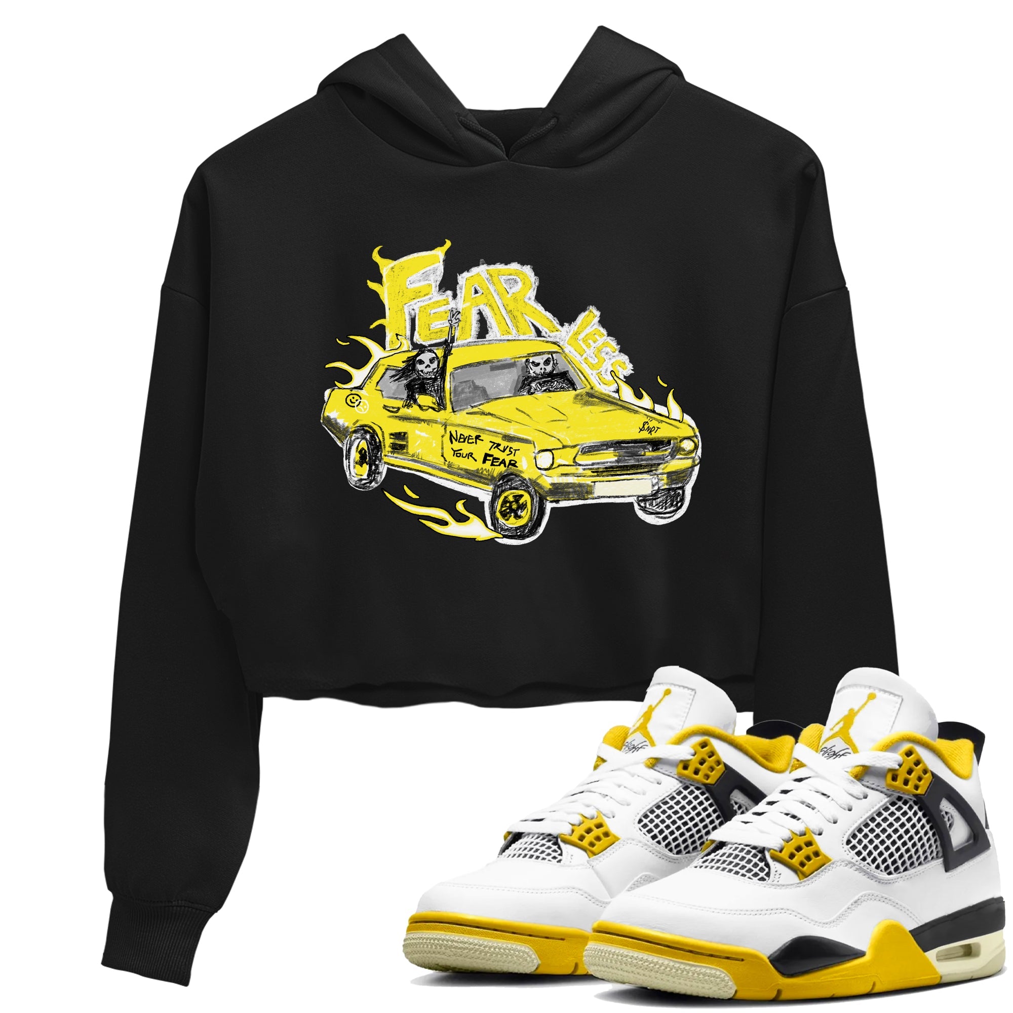 AJ4 Vivid Sulfur shirt to match jordans Fearless Car sneaker tees Air Jordan 4 Vivid Sulfur Drip Gear Zone Black 1 crop length shirt
