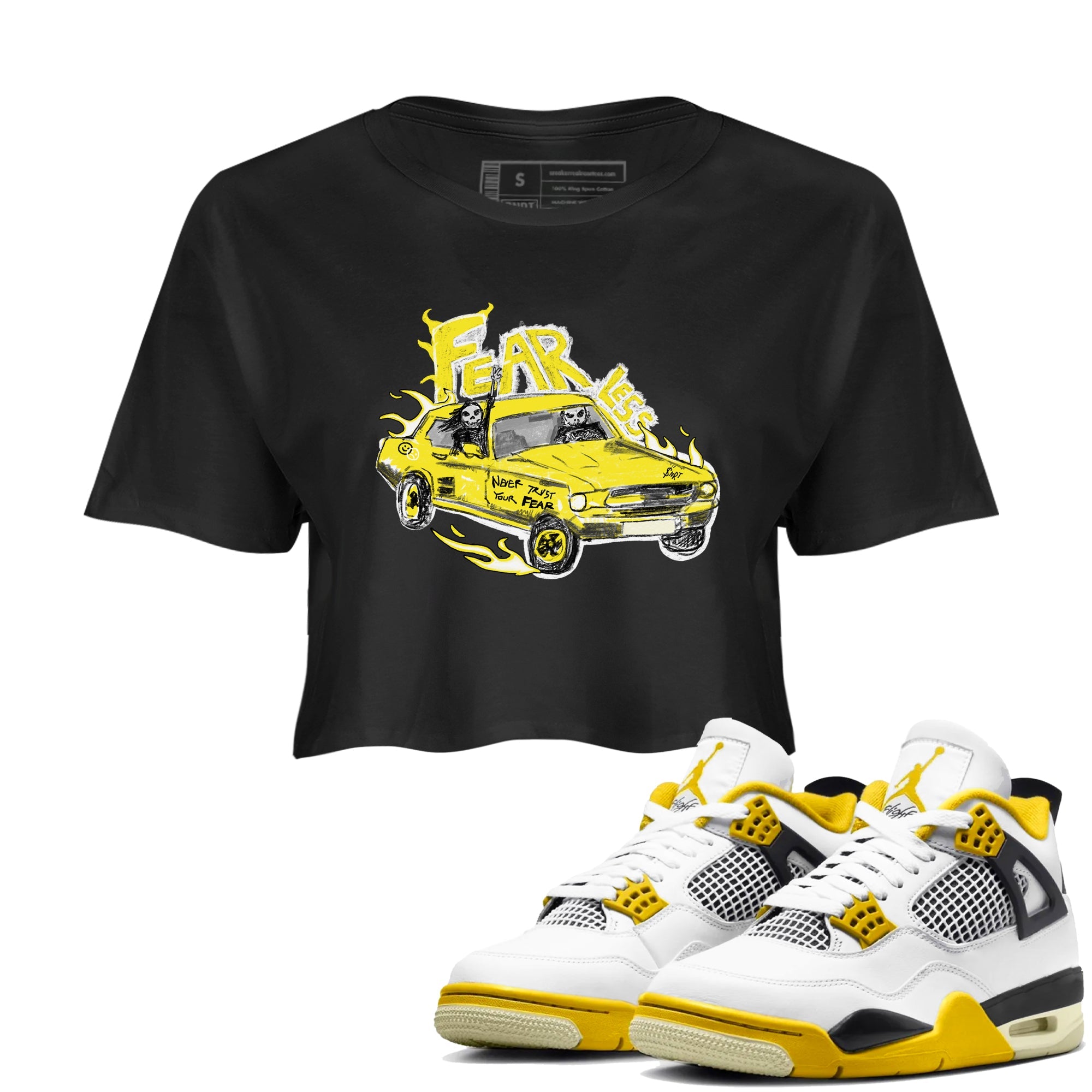 AJ4 Vivid Sulfur shirt to match jordans Fearless Car sneaker tees Air Jordan 4 Vivid Sulfur Drip Gear Zone Black 1 crop length shirt