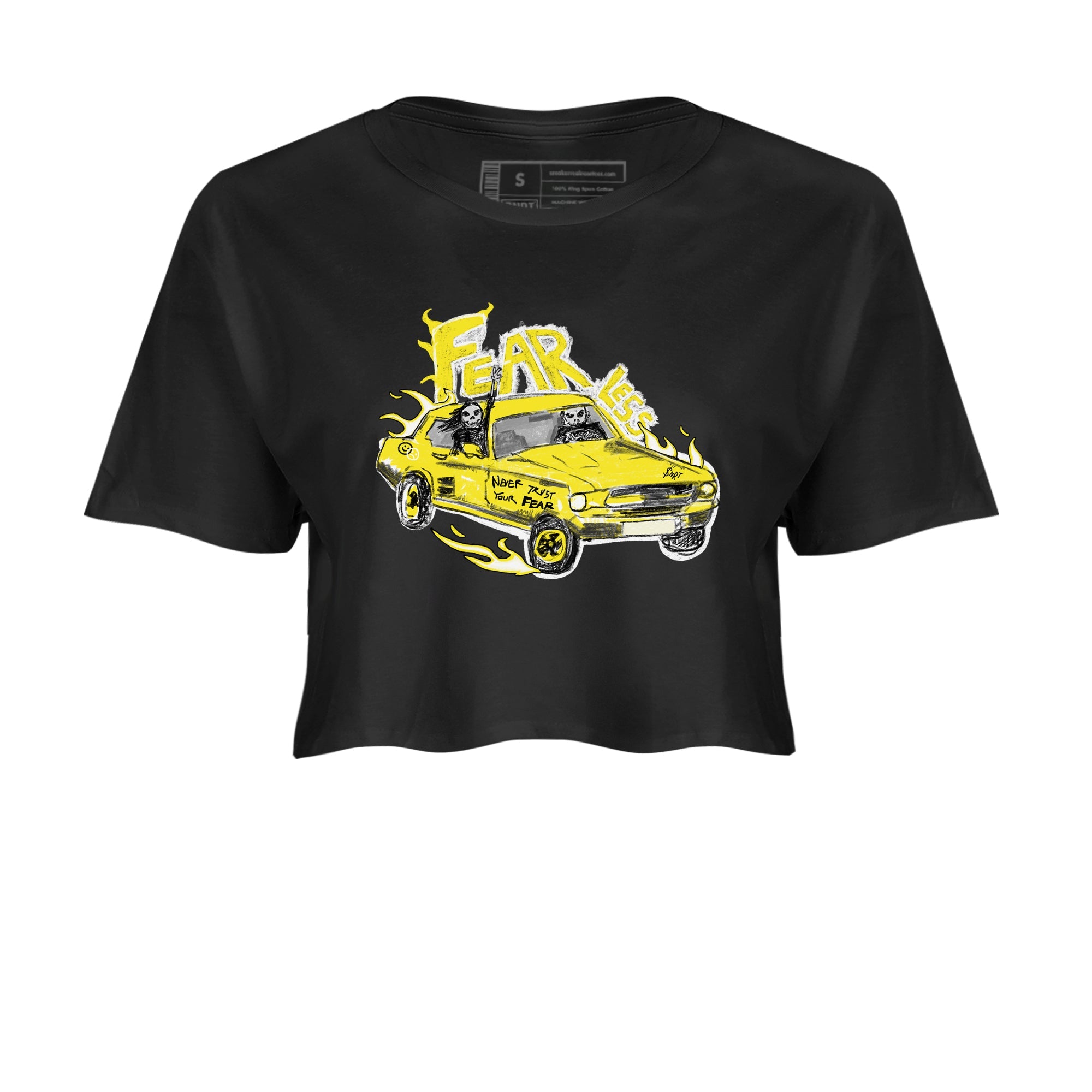 AJ4 Vivid Sulfur shirt to match jordans Fearless Car sneaker tees Air Jordan 4 Vivid Sulfur Drip Gear Zone Black 2 crop length shirt