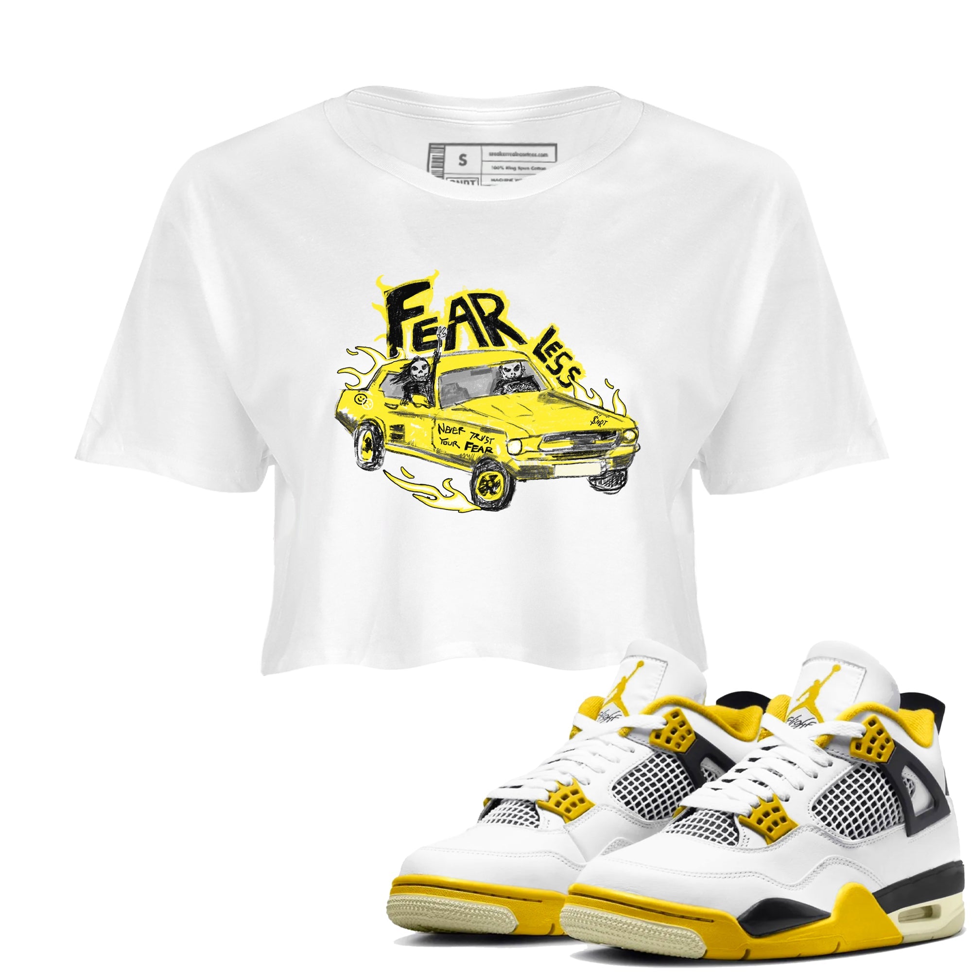 AJ4 Vivid Sulfur shirt to match jordans Fearless Car sneaker tees Air Jordan 4 Vivid Sulfur Drip Gear Zone White 1 crop length shirt