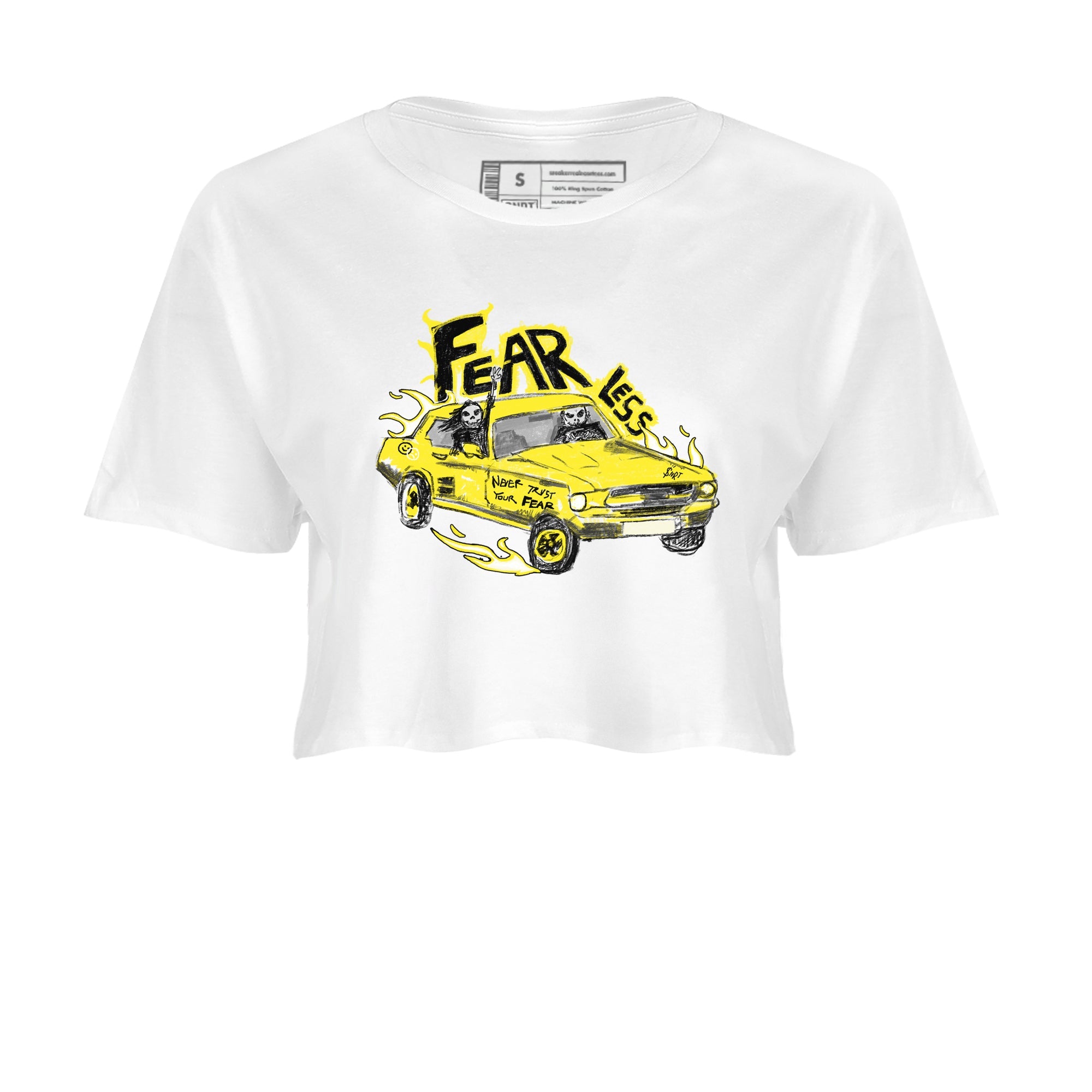 AJ4 Vivid Sulfur shirt to match jordans Fearless Car sneaker tees Air Jordan 4 Vivid Sulfur Drip Gear Zone White 2 crop length shirt