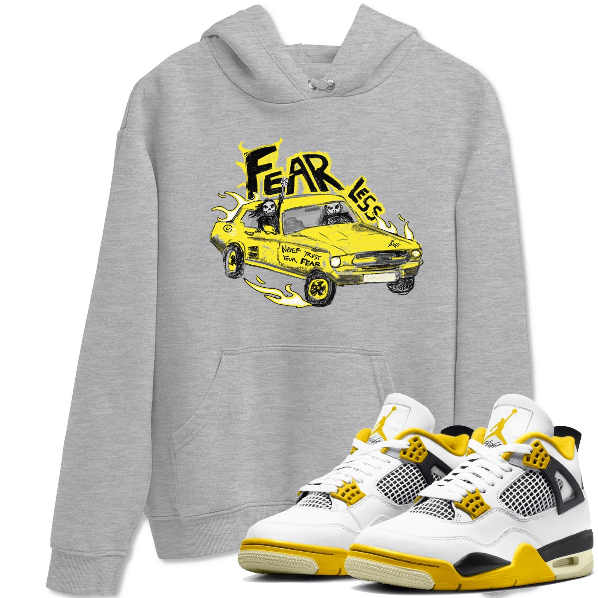 AJ4 Vivid Sulfur shirt to match jordans Fearless Car sneaker tees Air Jordan 4 Vivid Sulfur Drip Gear Zone unisex cotton Heather Grey 1 crew neck shirt