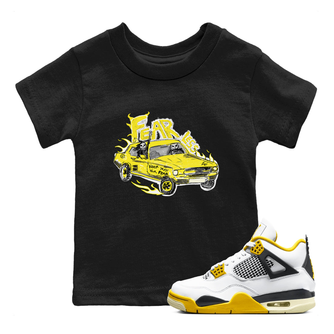 AJ4 Vivid Sulfur shirt to match jordans Fearless Car sneaker tees Air Jordan 4 Vivid Sulfur Drip Gear Zone baby toddler Black 1 cotton Shirt