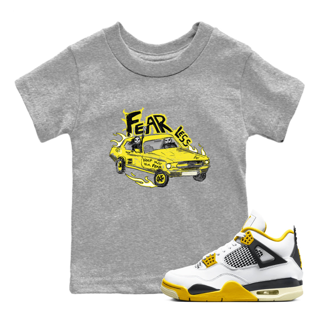 AJ4 Vivid Sulfur shirt to match jordans Fearless Car sneaker tees Air Jordan 4 Vivid Sulfur Drip Gear Zone baby toddler Heather Grey 1 cotton Shirt