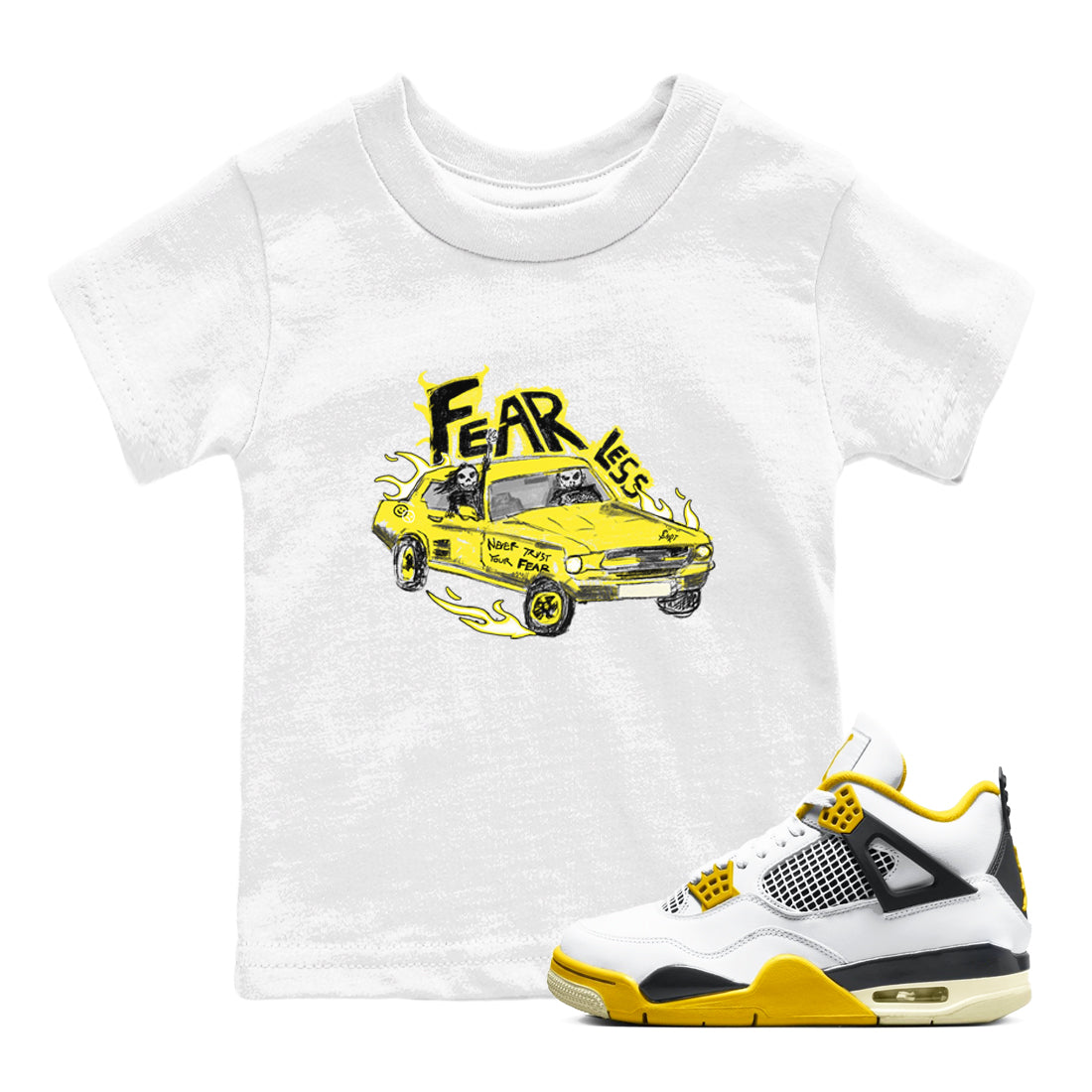 AJ4 Vivid Sulfur shirt to match jordans Fearless Car sneaker tees Air Jordan 4 Vivid Sulfur Drip Gear Zone baby toddler White 1 cotton Shirt