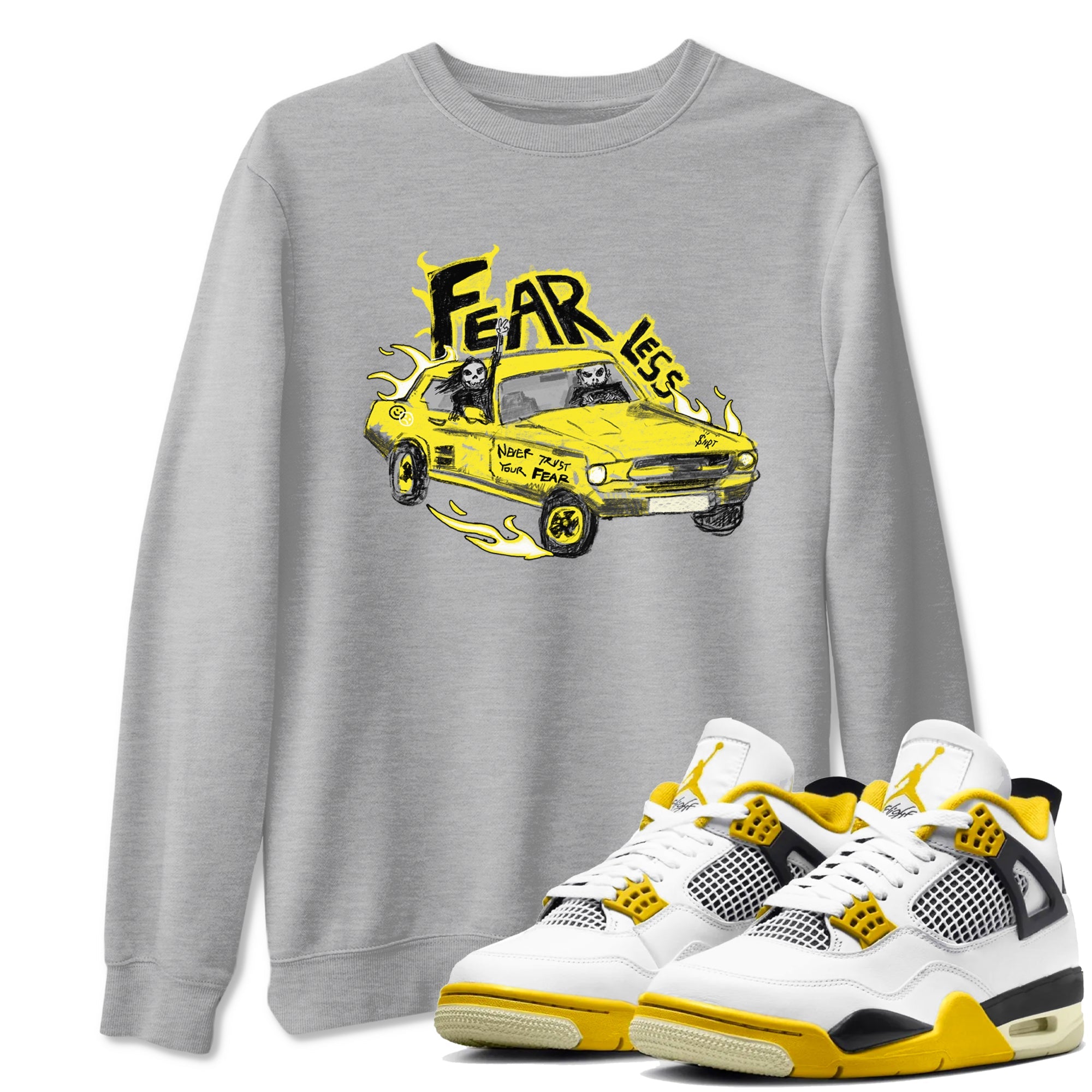 AJ4 Vivid Sulfur shirt to match jordans Fearless Car sneaker tees Air Jordan 4 Vivid Sulfur Drip Gear Zone unisex cotton Heather Grey 1 crew neck shirt