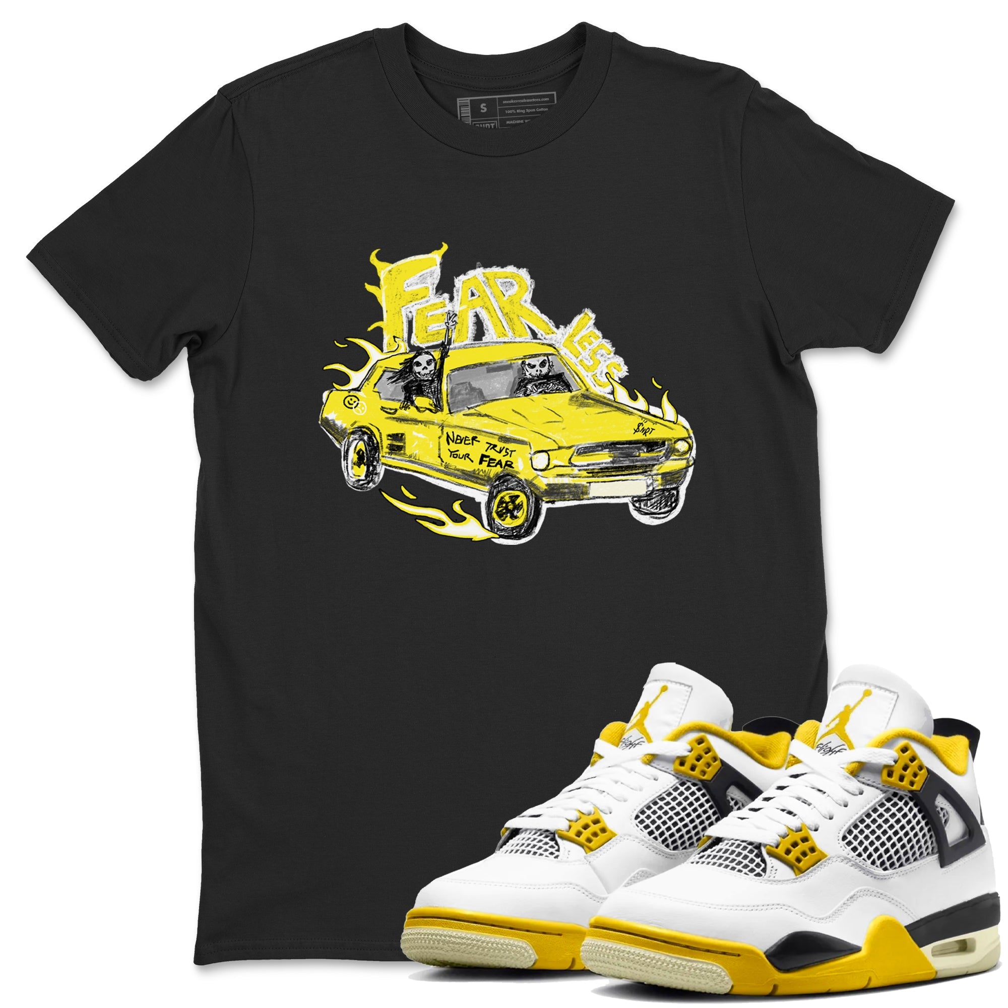 AJ4 Vivid Sulfur shirt to match jordans Fearless Car sneaker tees Air Jordan 4 Vivid Sulfur Drip Gear Zone unisex cotton Black 1 crew neck shirt