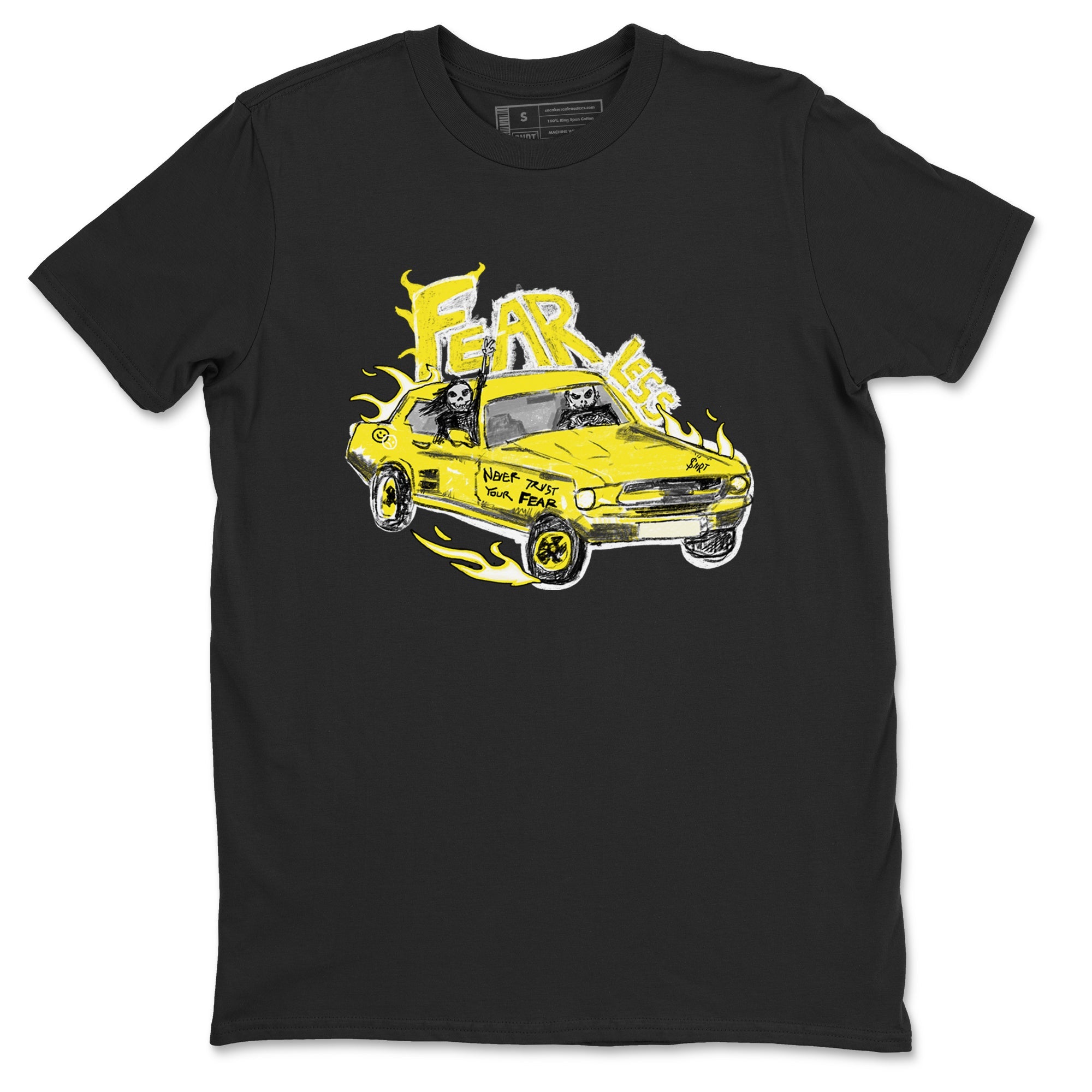 AJ4 Vivid Sulfur shirt to match jordans Fearless Car sneaker tees Air Jordan 4 Vivid Sulfur Drip Gear Zone unisex cotton Black 2 crew neck shirt