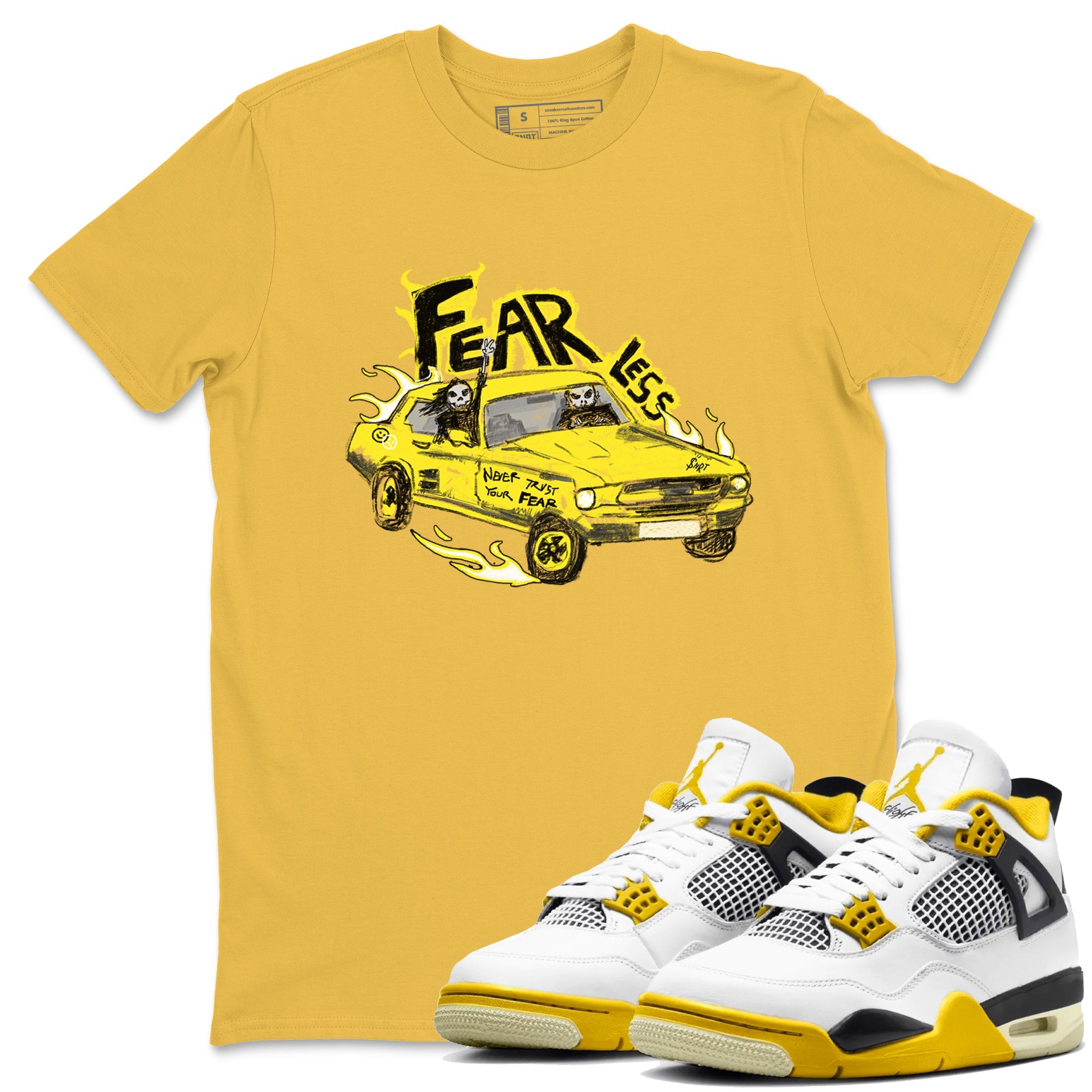 AJ4 Vivid Sulfur shirt to match jordans Fearless Car sneaker tees Air Jordan 4 Vivid Sulfur Drip Gear Zone unisex cotton Daisy 1 crew neck shirt