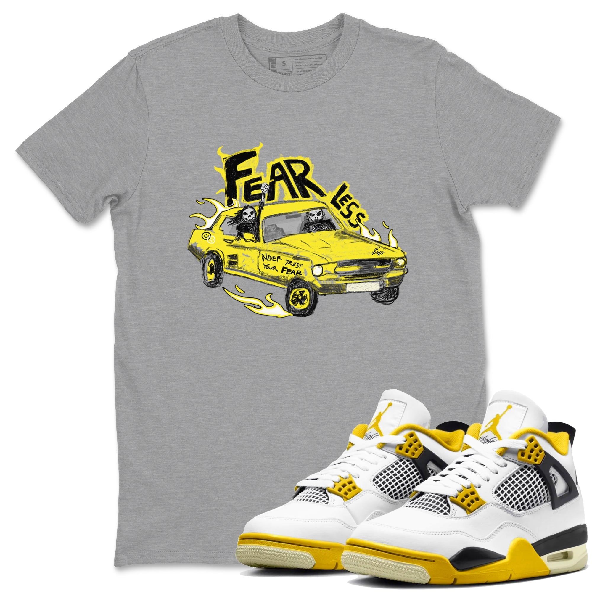 AJ4 Vivid Sulfur shirt to match jordans Fearless Car sneaker tees Air Jordan 4 Vivid Sulfur Drip Gear Zone unisex cotton Heather Grey 1 crew neck shirt