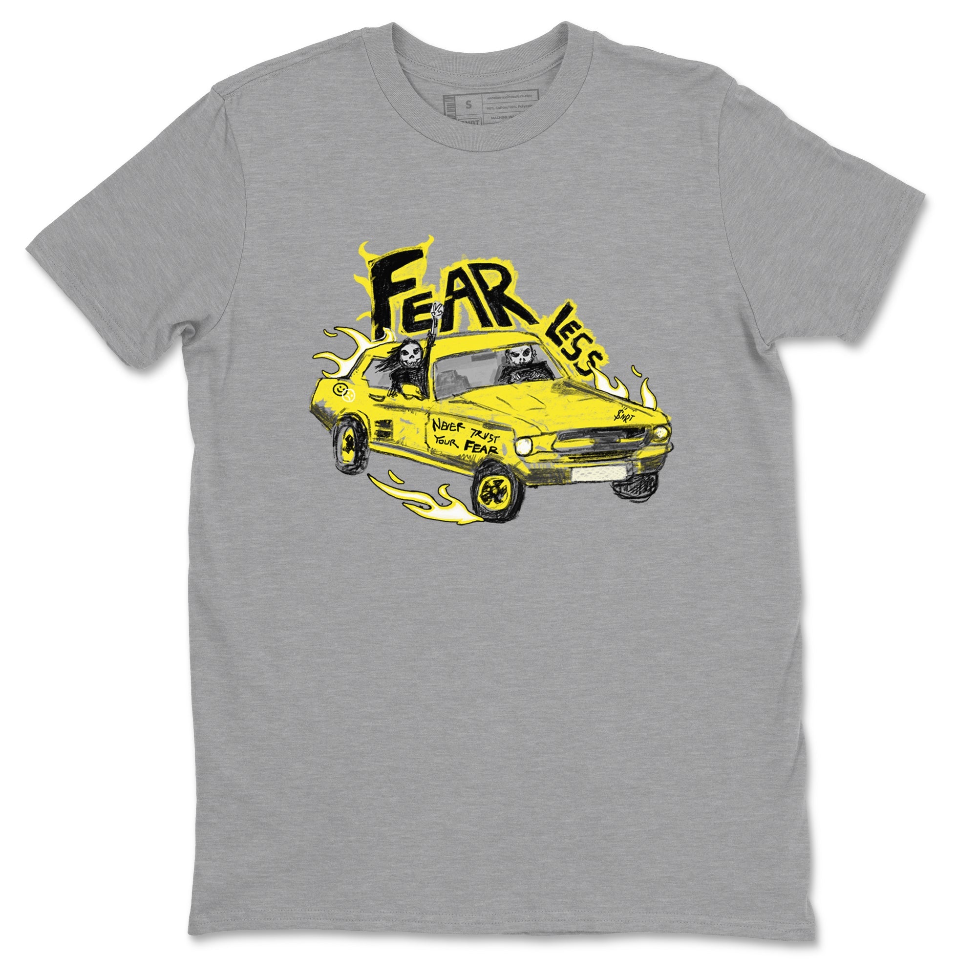 AJ4 Vivid Sulfur shirt to match jordans Fearless Car sneaker tees Air Jordan 4 Vivid Sulfur Drip Gear Zone unisex cotton Heather Grey 2 crew neck shirt