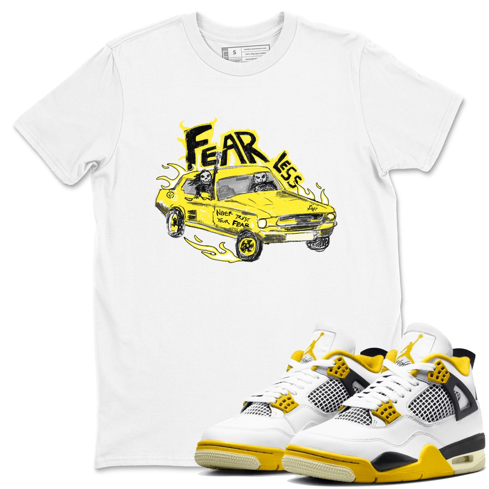 AJ4 Vivid Sulfur shirt to match jordans Fearless Car sneaker tees Air Jordan 4 Vivid Sulfur Drip Gear Zone unisex cotton White 1 crew neck shirt