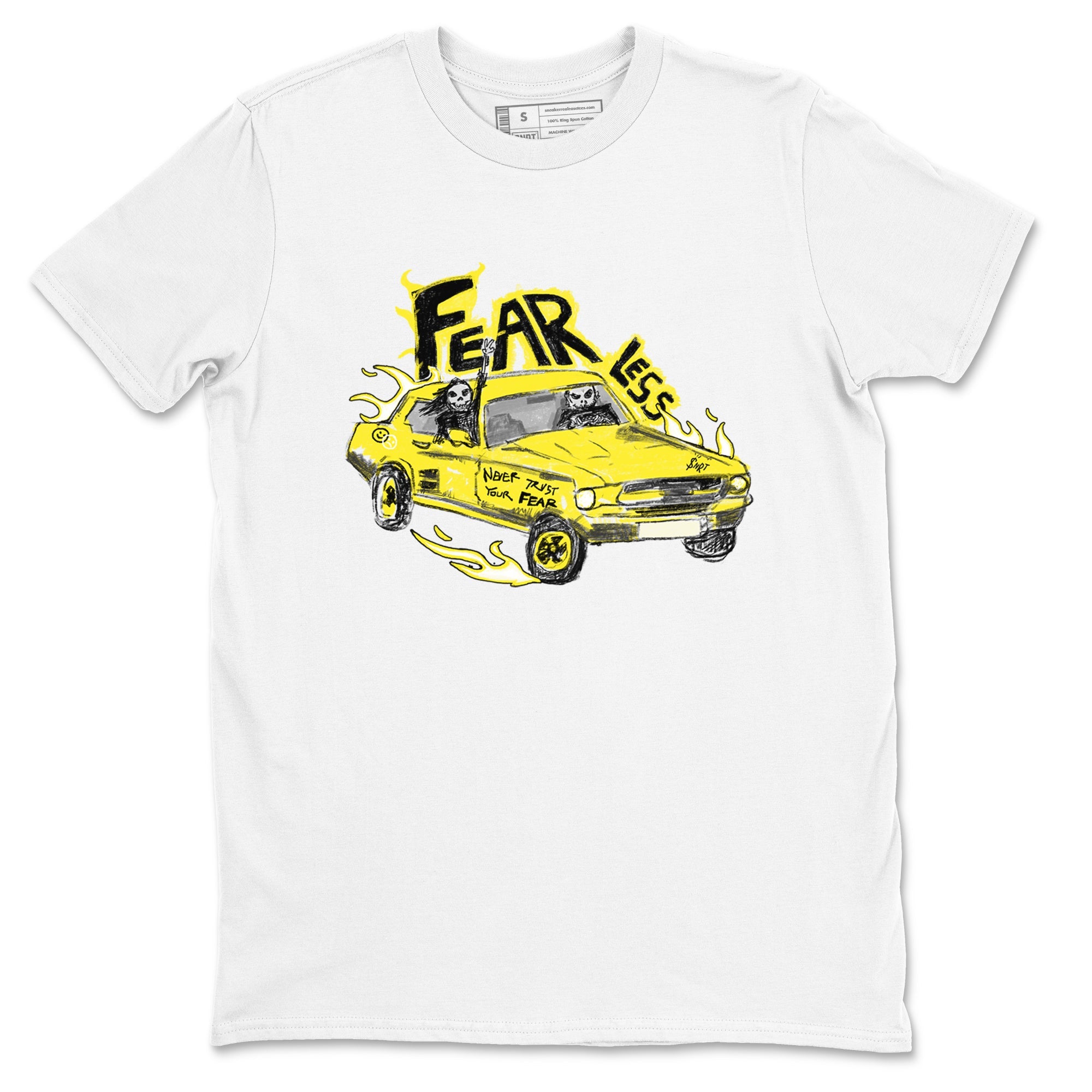 AJ4 Vivid Sulfur shirt to match jordans Fearless Car sneaker tees Air Jordan 4 Vivid Sulfur Drip Gear Zone unisex cotton White 2 crew neck shirt