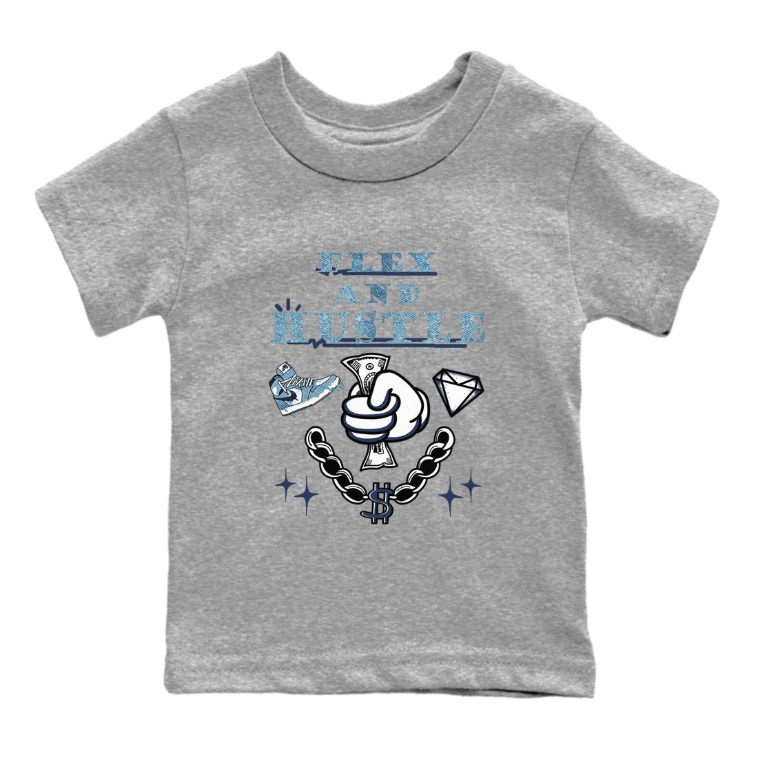 1s Denim shirts to match jordans Flex And Hustle sneaker match tees Air Jordan 1 Denim Drip Gear Zone streetwear brand Baby and Youth Heather Grey 2 cotton tee