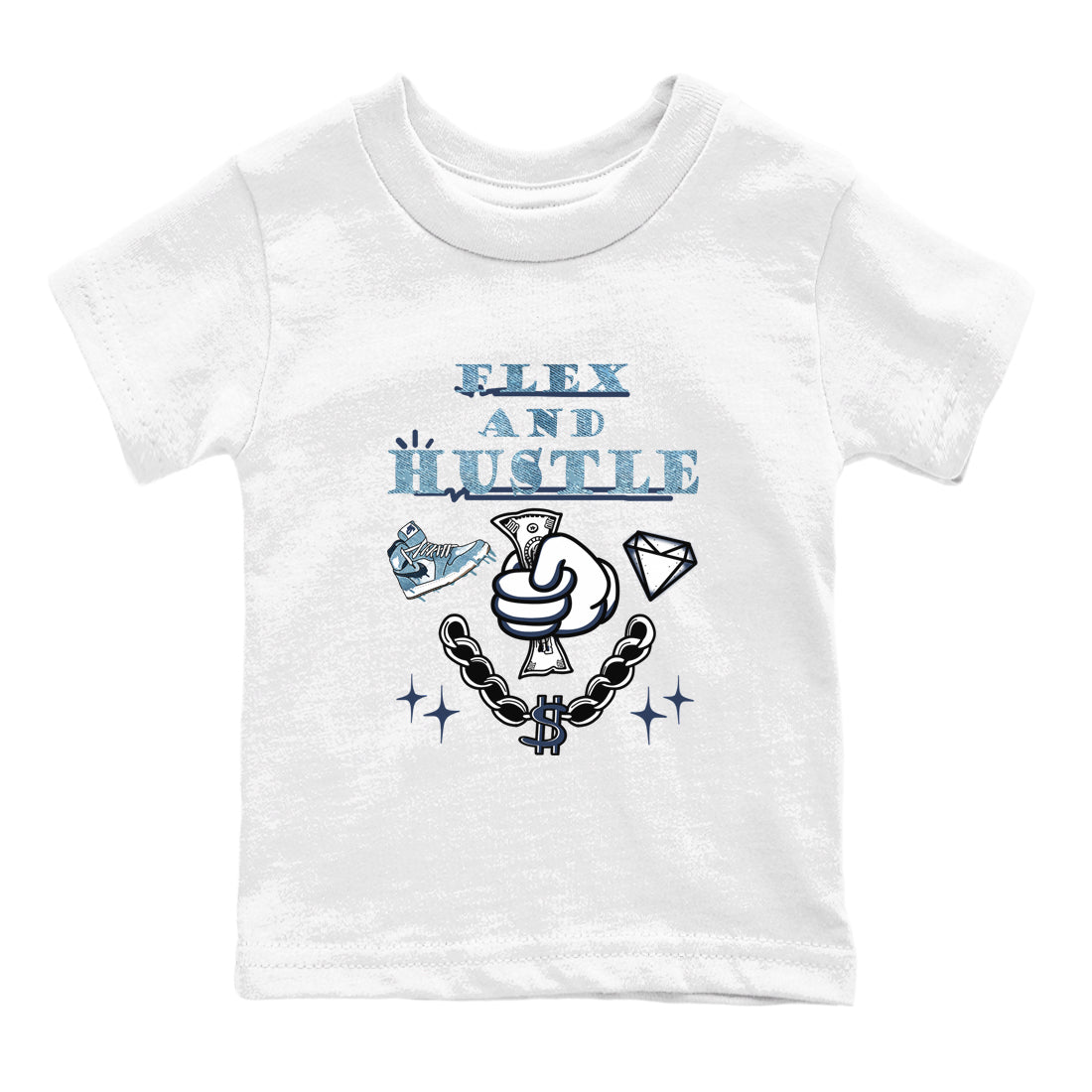 1s Denim shirts to match jordans Flex And Hustle sneaker match tees Air Jordan 1 Denim Drip Gear Zone streetwear brand Baby and Youth White 2 cotton tee