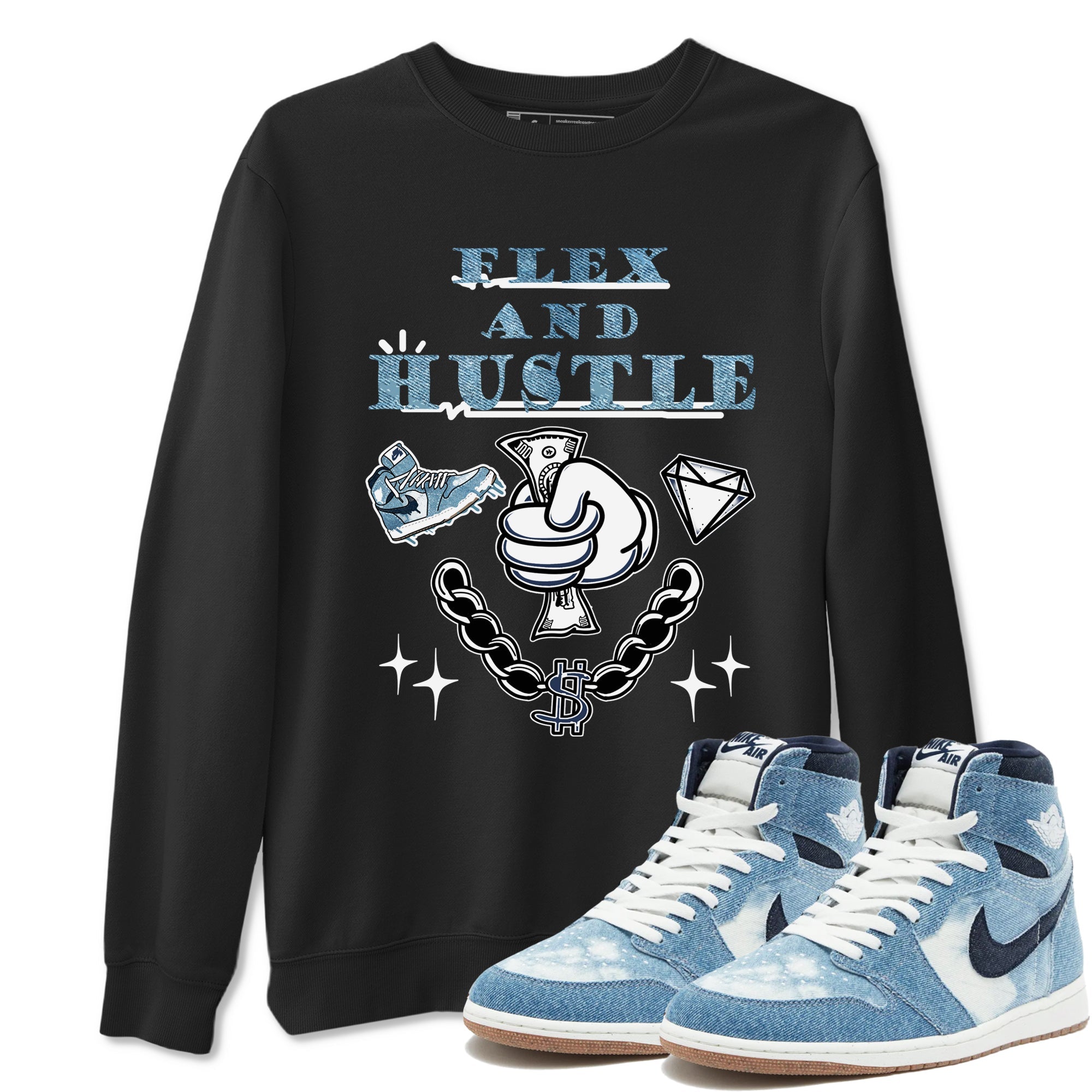 1s Denim shirts to match jordans Flex And Hustle sneaker match tees Air Jordan 1 Denim Drip Gear Zone streetwear brand Black 1 unisex cotton tee