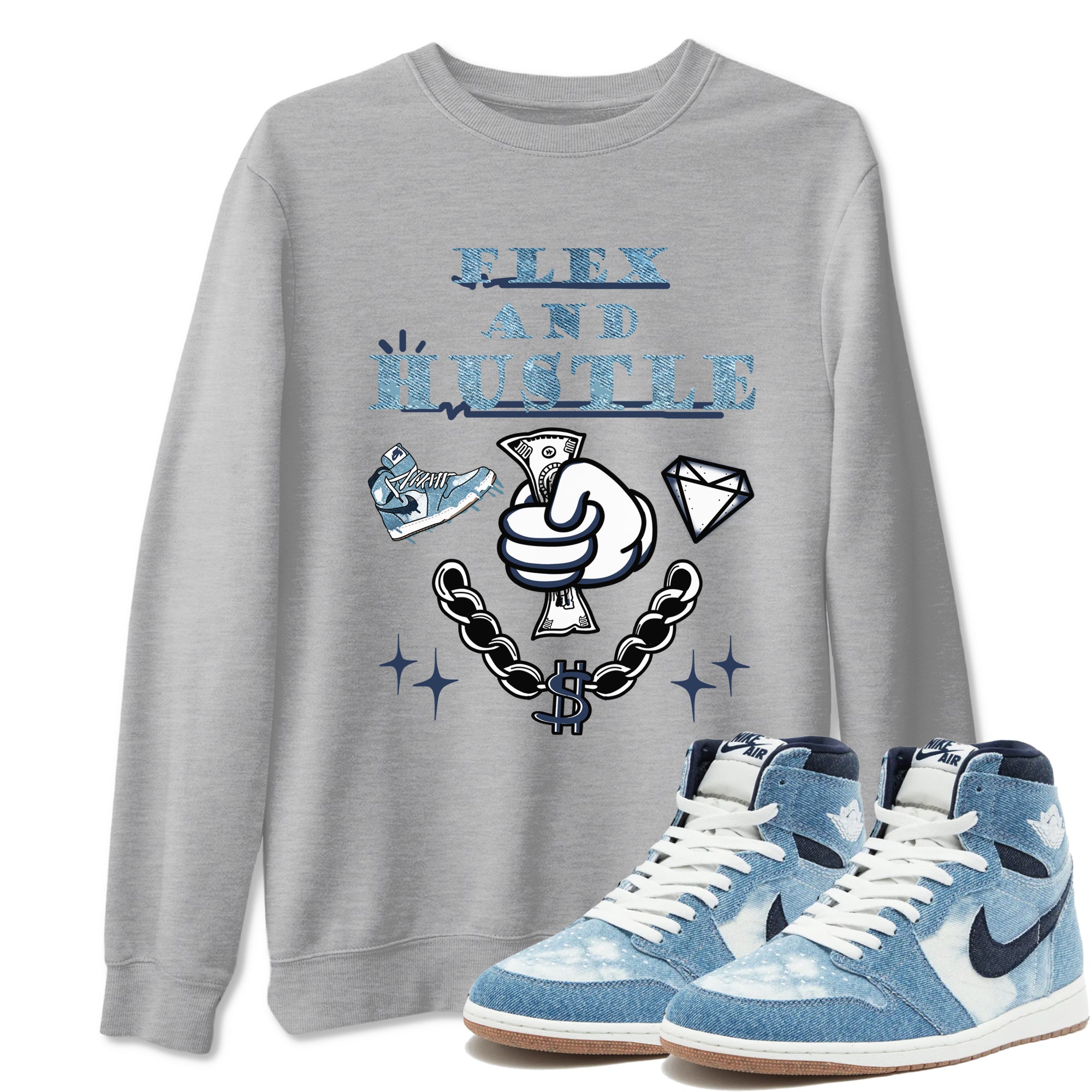 1s Denim shirts to match jordans Flex And Hustle sneaker match tees Air Jordan 1 Denim Drip Gear Zone streetwear brand Heather Grey 1 unisex cotton tee