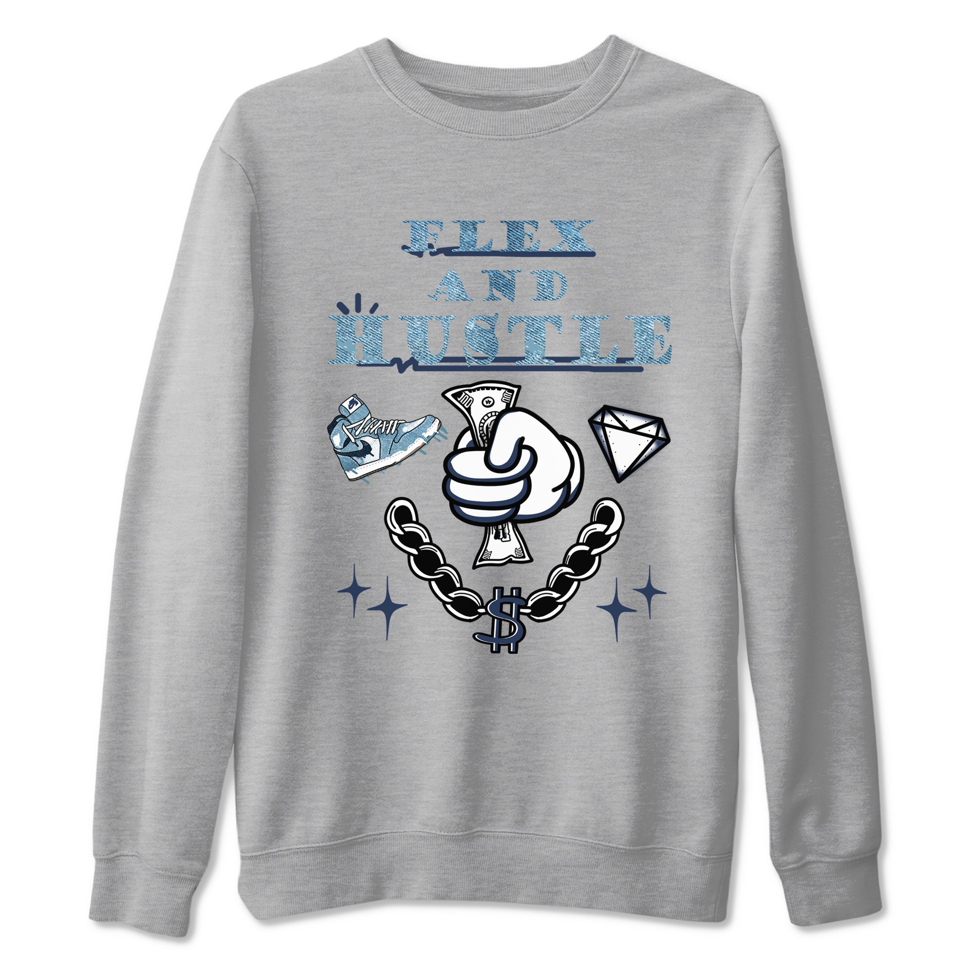 1s Denim shirts to match jordans Flex And Hustle sneaker match tees Air Jordan 1 Denim Drip Gear Zone streetwear brand Heather Grey 2 unisex cotton tee