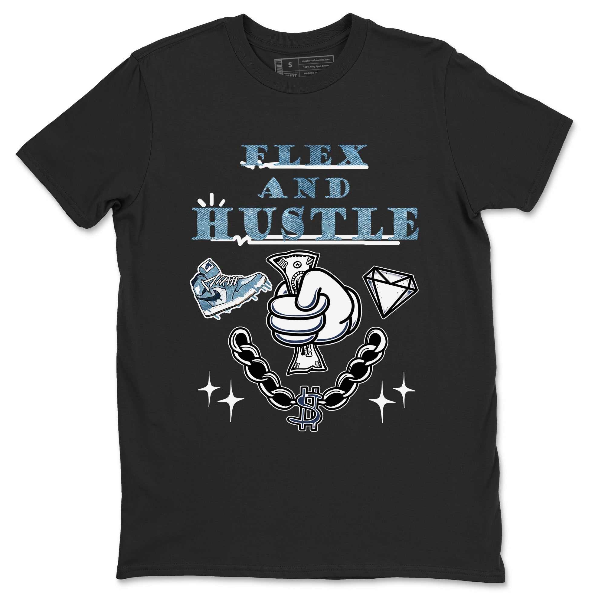 1s Denim shirts to match jordans Flex And Hustle sneaker match tees Air Jordan 1 Denim Drip Gear Zone streetwear brand Black 2 unisex cotton tee