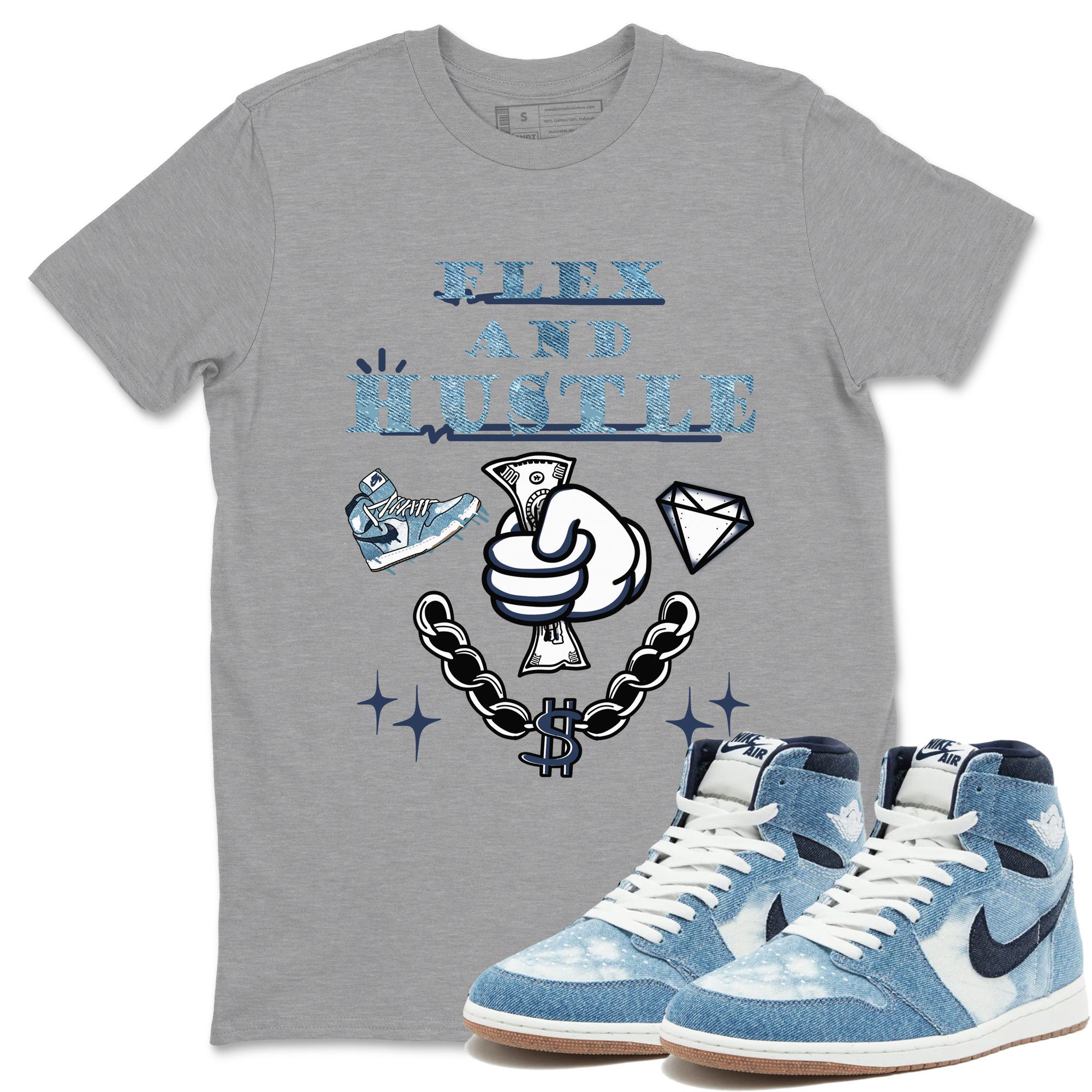 1s Denim shirts to match jordans Flex And Hustle sneaker match tees Air Jordan 1 Denim Drip Gear Zone streetwear brand Heather Grey 1 unisex cotton tee