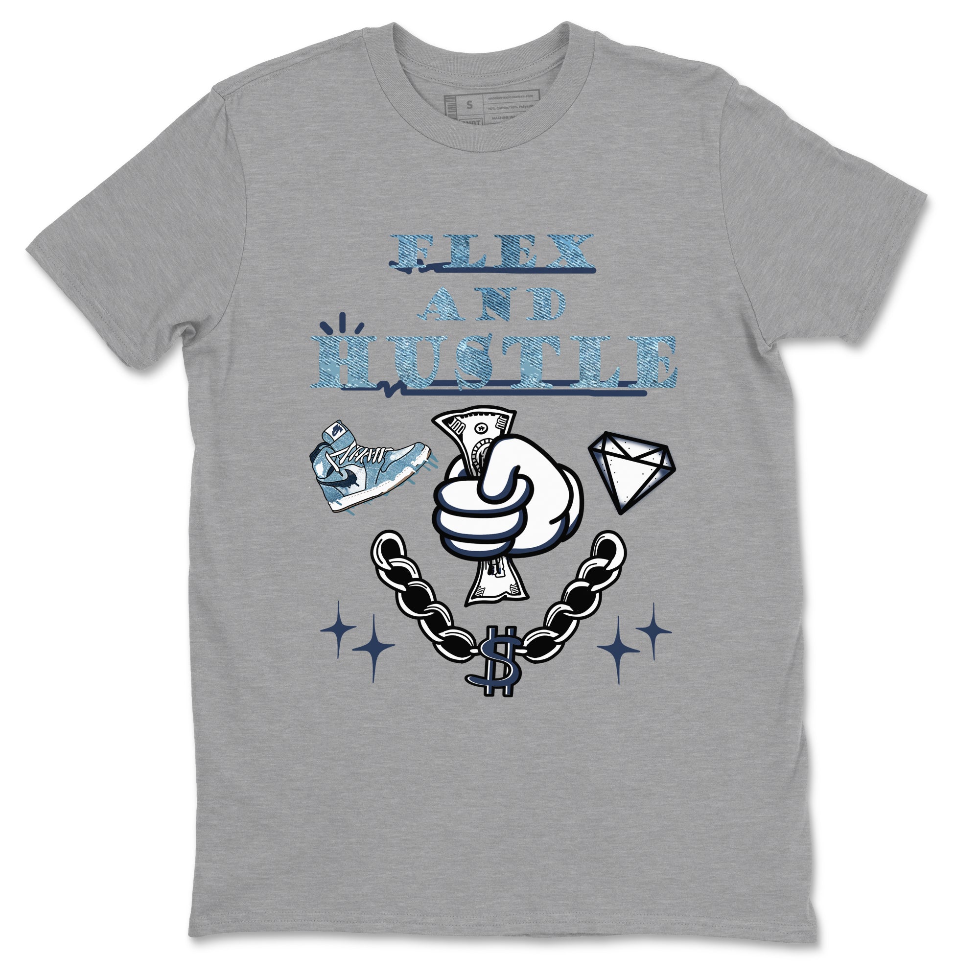 1s Denim shirts to match jordans Flex And Hustle sneaker match tees Air Jordan 1 Denim Drip Gear Zone streetwear brand Heather Grey 2 unisex cotton tee