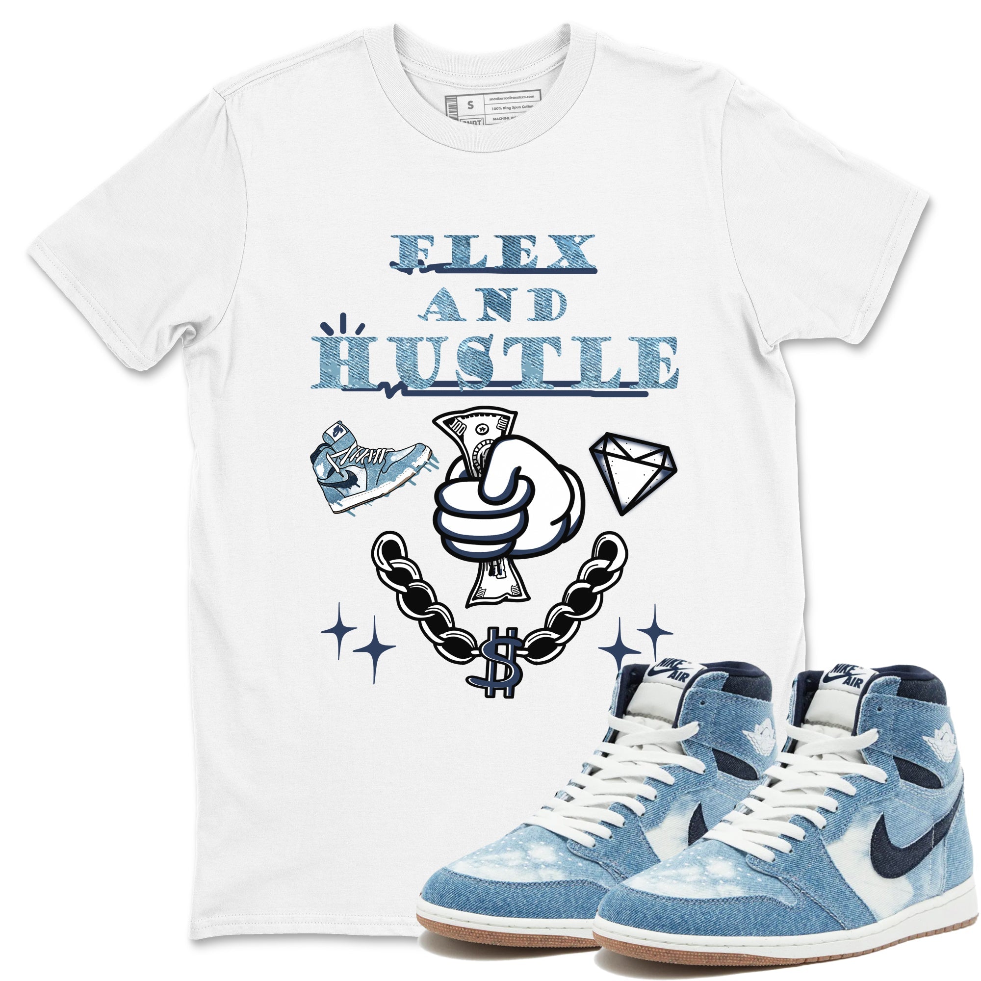 1s Denim shirts to match jordans Flex And Hustle sneaker match tees Air Jordan 1 Denim Drip Gear Zone streetwear brand White 1 unisex cotton tee